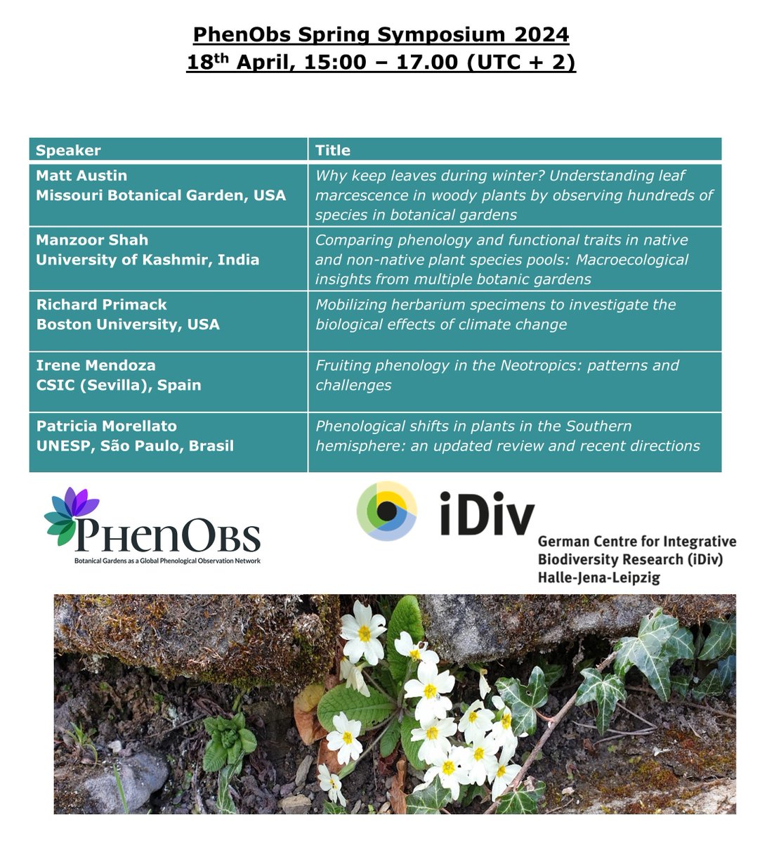 We announce our online Spring Symposium 2024. We will host five international speakers talking about phenological research. 
For more information and the zoom link visit our website
⬇️⬇️⬇️
idiv.de/en/phenobs/new…

#phenology #research #spring
