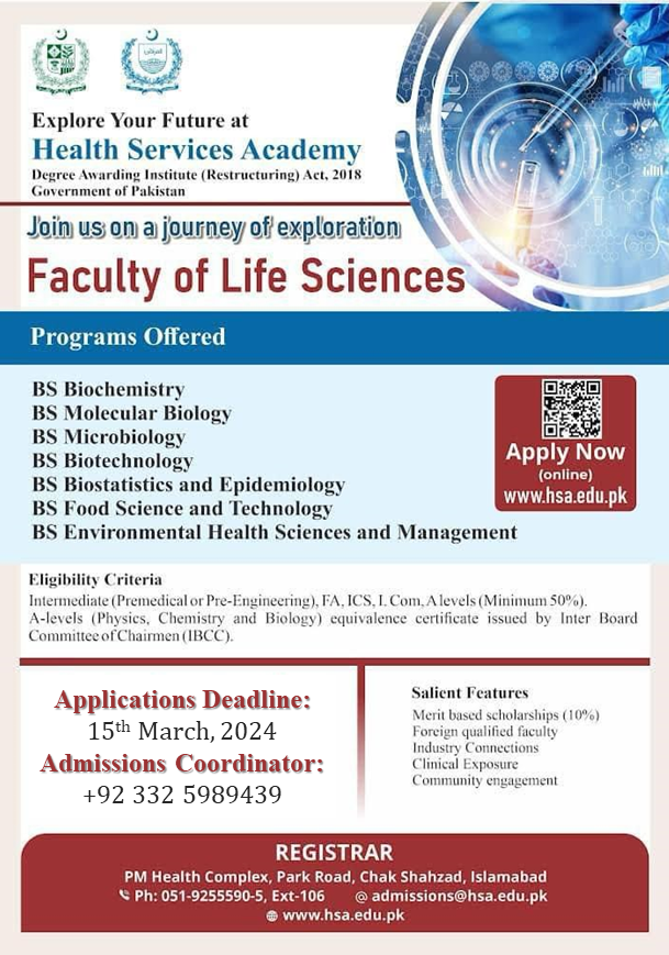 🎓 Exciting news! Admissions are open for the Bachelor of Science in Life Sciences program at Health Services Academy, Islamabad! Apply here: hsa.edu.pk/login?redirect… For more info, contact: 0332-5989439