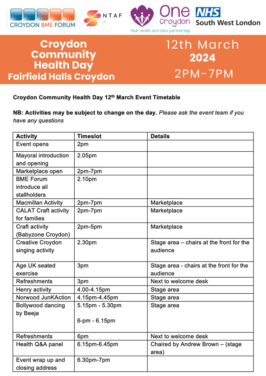 Join the fun, dive into the many activities and unlock health tips next Tuesday 12/3, 14-19, @fairfield_halls at the #Croydon Community Health Day! Organised by @SWLNHS @nhscroydon_ in collaboration with many community groups including @AgeUKCroydon @CroydonBMEForum @BabyZone