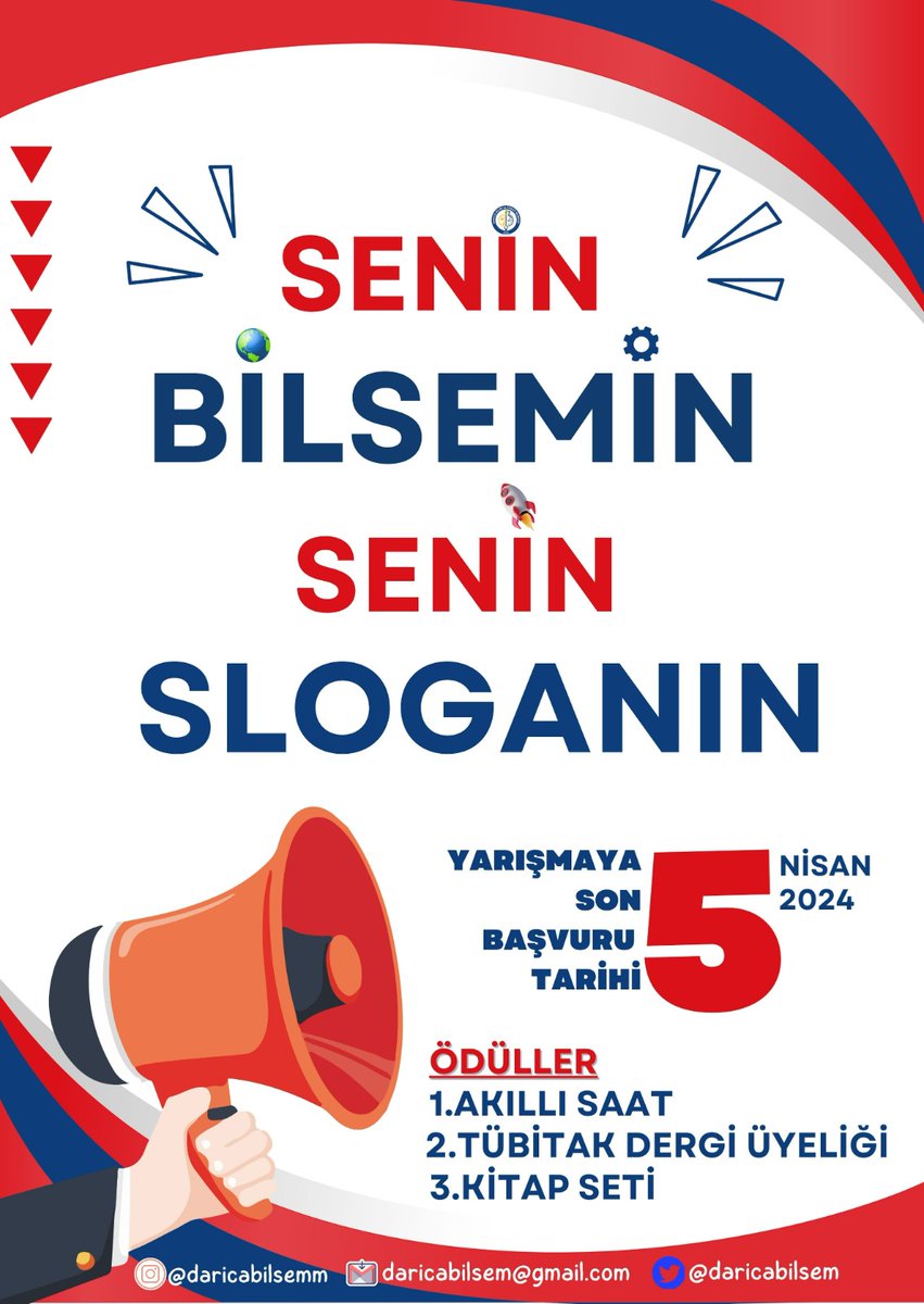"SENİN BİLSEMİN SENİN SLOGANIN" 
📣 Kurumumuzun sloganını belirlemek için yapacağımız slogan yarışmamıza tüm öğrencilerimizin katılımını bekliyoruz." 
Teknik şartnameye ve başvuru linkine  kurumumuzun web sitesinden ulaşabilirsiniz. 
Son katılım tarihi 5 Nisan 2024.