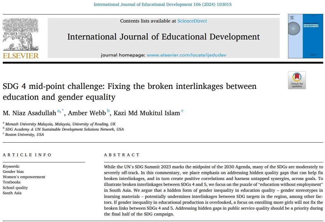 #Genderequality in educational production must be a priority in final years of #SDGs. New essay w. Amber Webb @SDG_Academy & @KaziMukit just out in special issue coedited by @dbrentejr open access: sciencedirect.com/science/articl… #InspireInclusion #IWD #IWD2024 @UNSDSN…