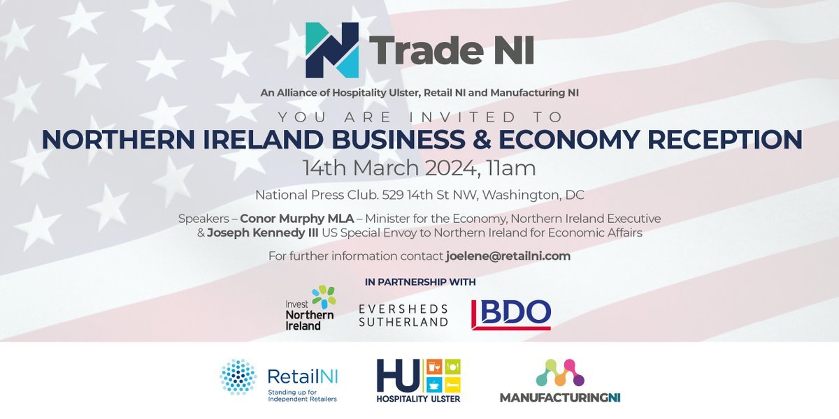 Preparations for our Reception at @PressClubDC are well underway. If you haven't registered for this ticket only event contact joelene@retailni.com Speakers will be @conormurphysf @Economy_NI and @joekennedy…Special thanks to @InvestNI_AMER @ESlawIE and @BDONI for their support