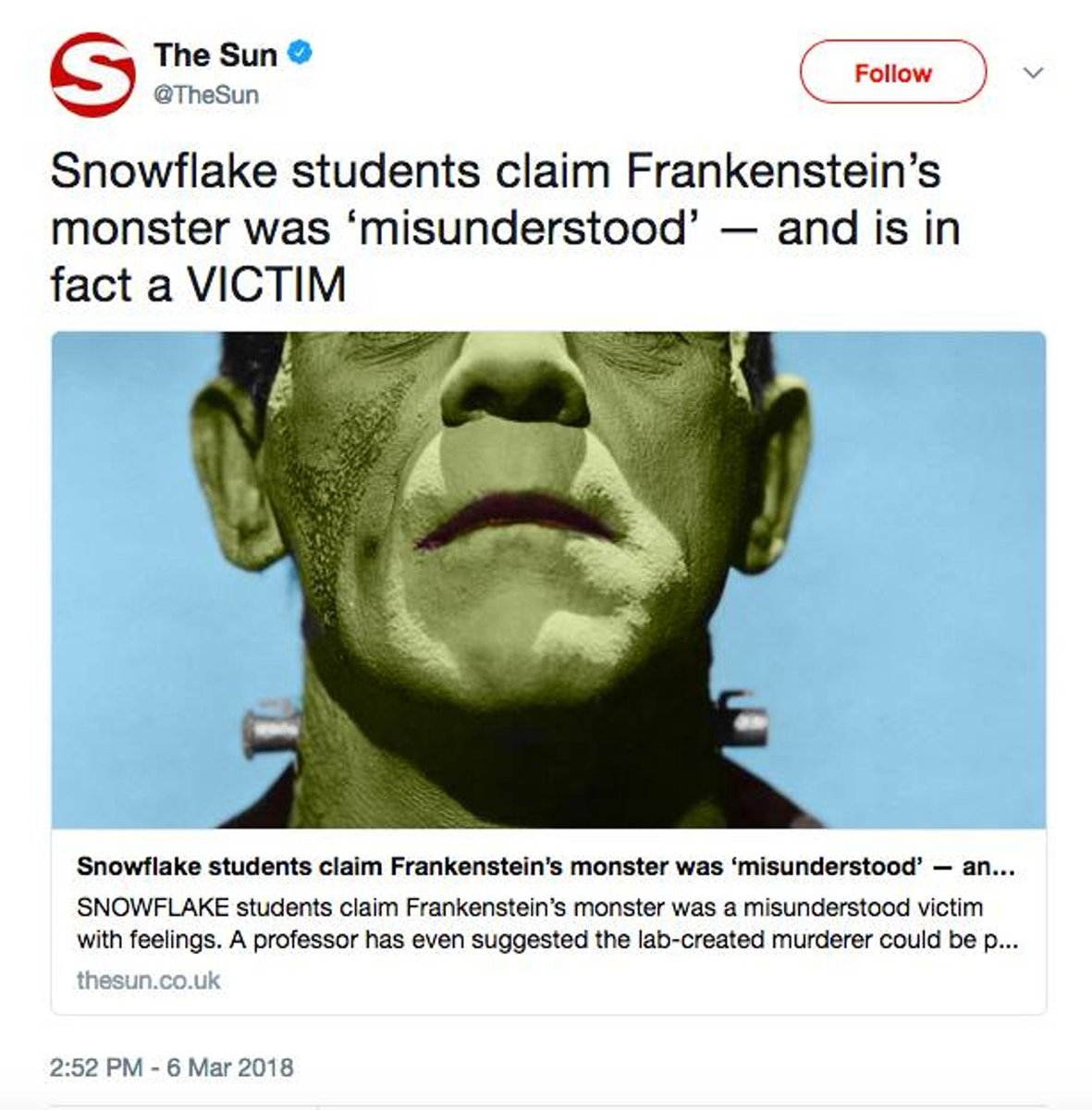 Always nice to celebrate No One Who Writes For The Sun Has Ever Read Frankenstein day.