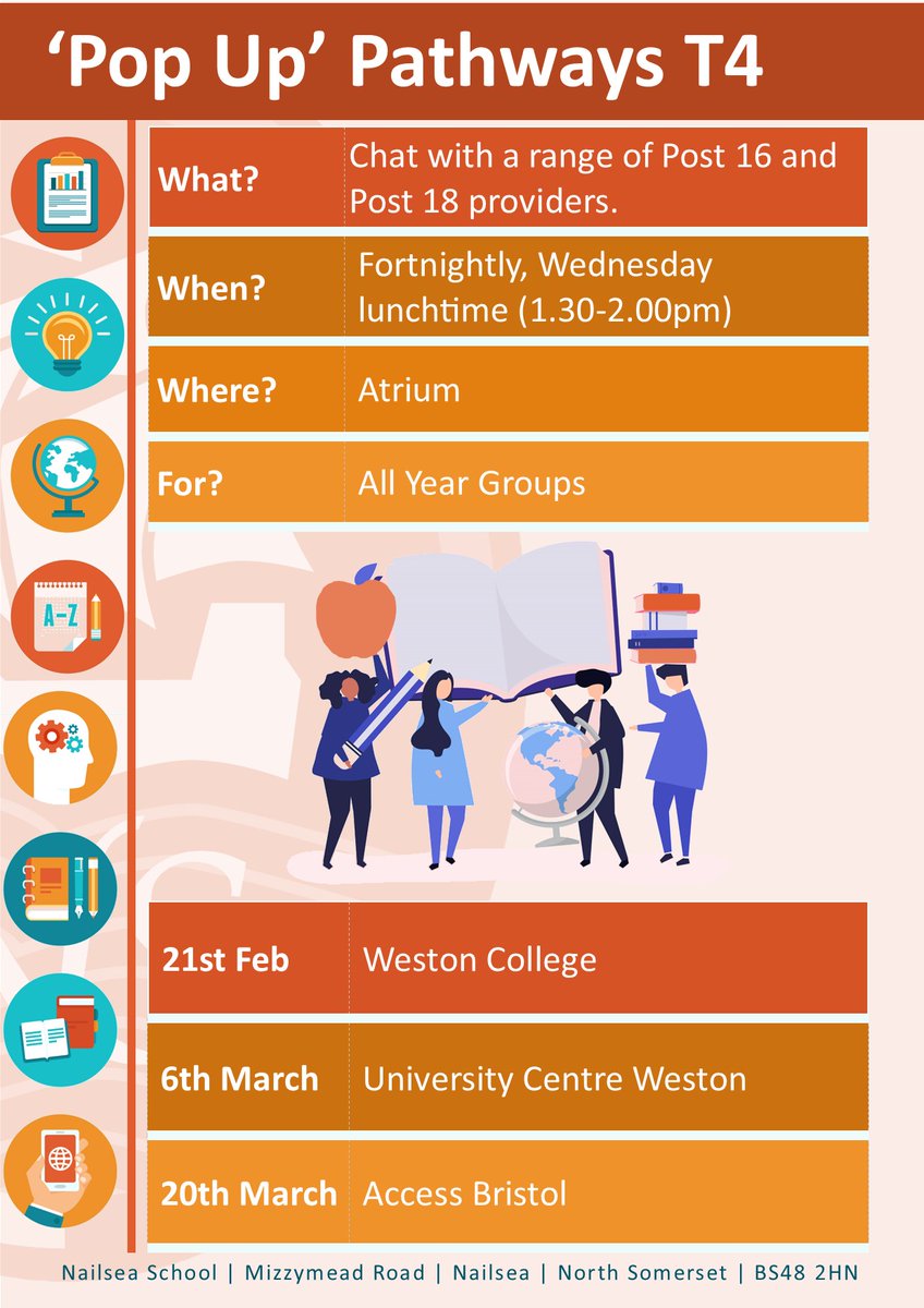 nailseaschool's tweet photo. It's #WorkLifeWednesday and #NationalCareersWeek - and today we have the next of our next 'Pop up' Pathways, when students are invited to meet with University Centre Weston. #NailseaAspires https://t.co/61ZoSyJ7n6