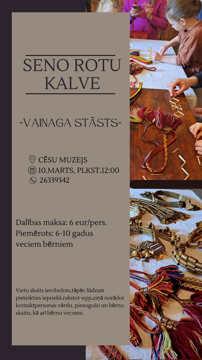 _CesuMuzejs's tweet image. SENO ROTU STĀSTI 📜

⏰Jau 10.03. tiekamies uz eksperimentālās arheoloģijas darbnīcu “Seno rotu kalve”. 👨‍👩‍👧‍👦

ℹ Nodarbības piemērotas 6 - 10 gadus veciem bērniem.

Vairāk info par darbnīcu: facebook.com/share/p/cFsLsr…