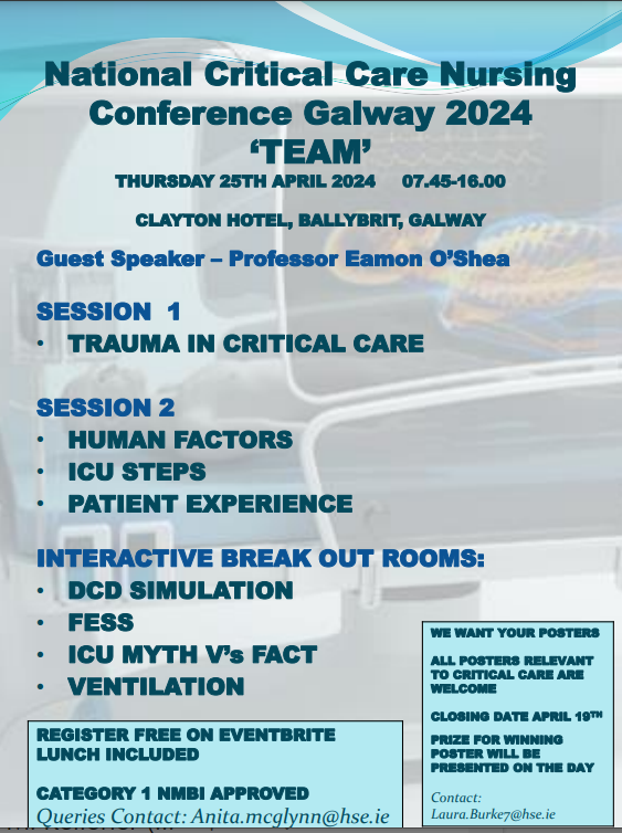 Opportunity to share learning at The National Critical Care Nursing Conference April 25th @BridAOSullivan @ONMSD @GSGerShaw @CUH_Cork @uhknursing @BGHsswhg @HospitalMallow @NursingSIVUH @ConnaireSinead @AMGalvinCUH @CuhANP Register here 👉bit.ly/432mh5x