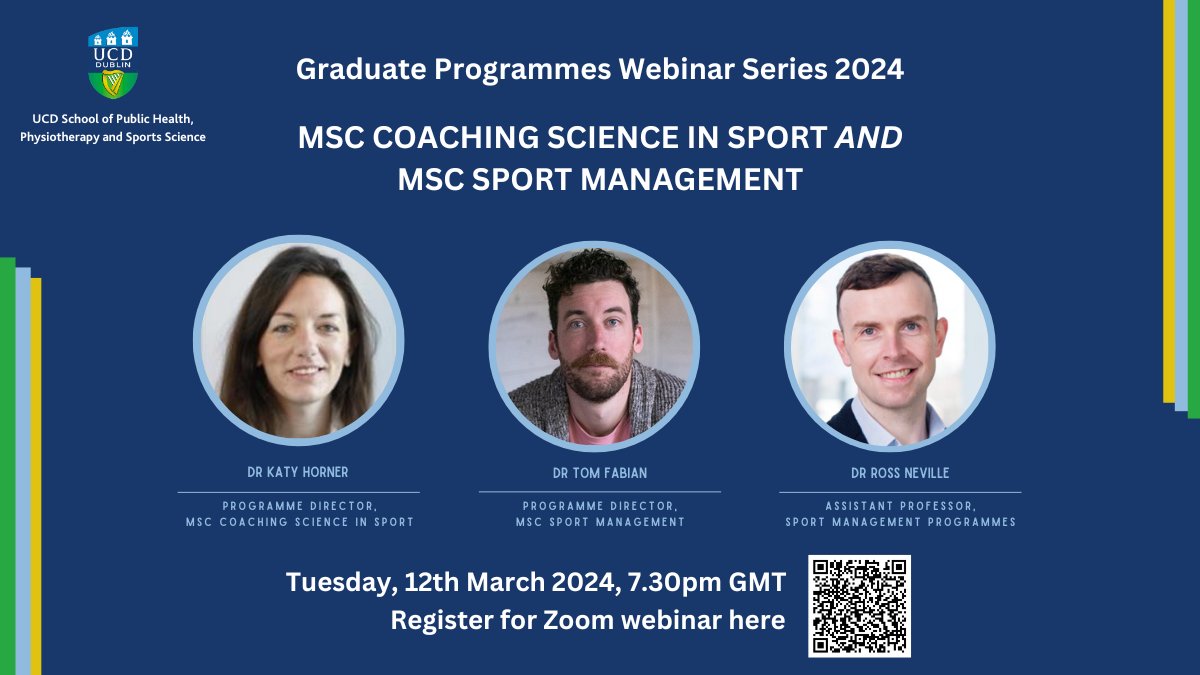 Join us on Tues 12 March, 7.30pm GMT for the final webinar in our Graduate Programmes Webinar Series 2024. Our Programme Directors and a panel of students and alumni will be chatting about our Sports Masters programmes and answering questions. Register at ucd.ie/phpss/newsande…