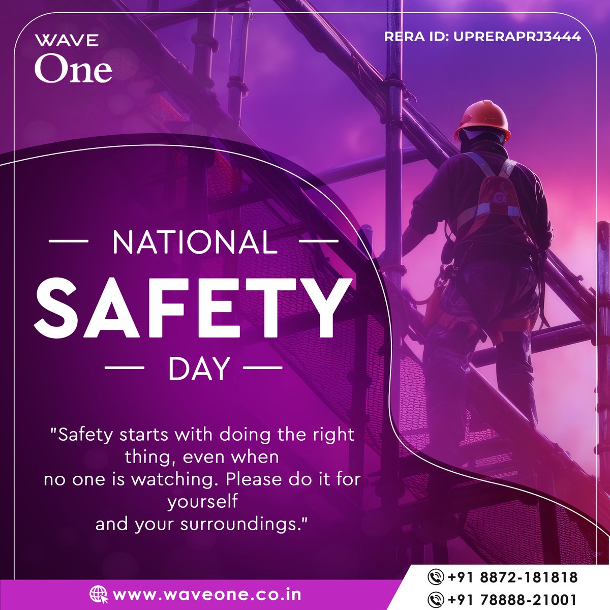 Waveone7's tweet photo. Putting safety first today and every day! 🛡️✨ Happy National Safety Day! 
Let's all pledge to prioritize safety in everything we do. 

#NationalSafetyDay #SafetyFirst #StaySafe #SafetyMatters #waveonenoida #waveone https://t.co/DewyYlkZB4
