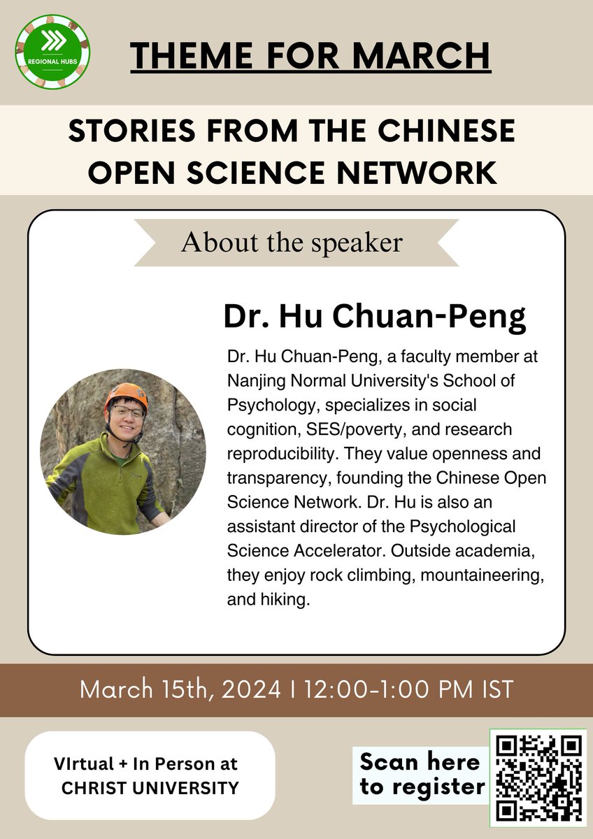 Join us for the SAJC Monthly session on 15th March 2024. This month's theme is 'Stories from the Chinese Open Science Network' featuring Dr. Hu Chuan-Peng (@hcp4715) from Nanjing Normal University. Dr. Hu is a faculty member at the School of Psychology.