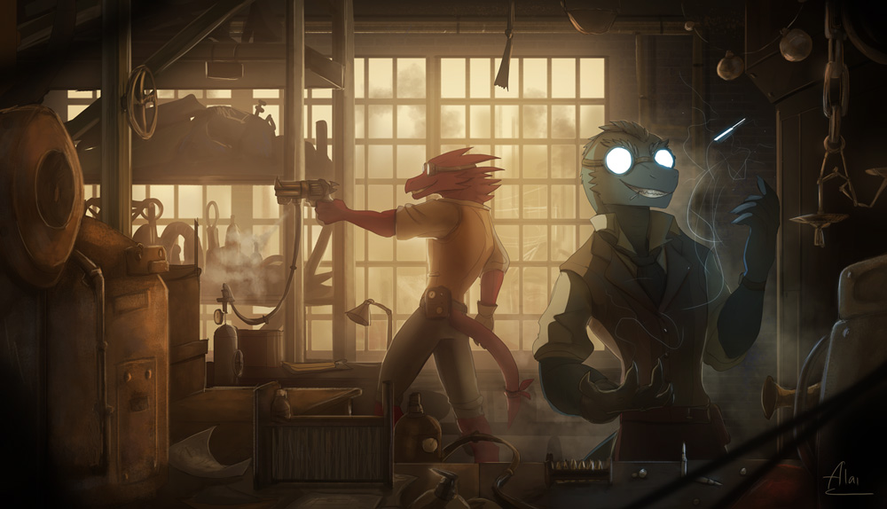 PrinceKoviell's tweet photo. #KoboldWeek - Innovation
Ashio and Backus tinkering in the workshop. This might cause a blast.
Art: AlaiCinereo (FA) https://t.co/licy14LByT