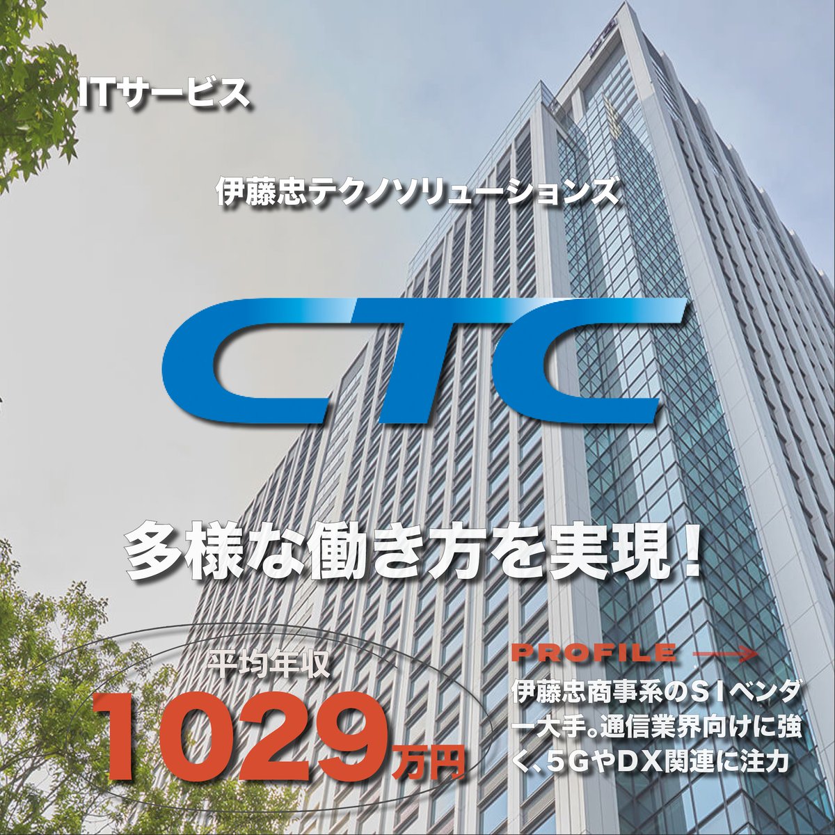 gyokai_map's tweet photo. 《年収1000万円越で多様な働き方ができる》
伊藤忠テクノソリューションズ(CTC)

始業時刻を午前5時から午前11時30分の間で調整するスライドワークや、オフィスや自宅外でのモバイルワーク、テレワークなど自分に合った業務スタイルを選択できます！
また、副業もOKで社外でのスキルアップや新たな知識の習得、キャリア・資産形成を認めています！

https://t.co/g9IzH42cLL

【基本データ】
修士了：315,100円
大学卒：295,500円
平均年収：1029万円 ← 業界トップクラス

【募集要項】
募集職種
　1．エンジニア
　2．営業
　3．スタッフ
勤務時間
　9:00～17:30（実働7時間30分）
給与（中途）
　基本給：273,100円～600,000円
昇給
　年1回（4月）
賞与
　年2回　夏・冬
各種手当
　・時間外勤務手当
　・役職手当
　・裁量労働手当、他