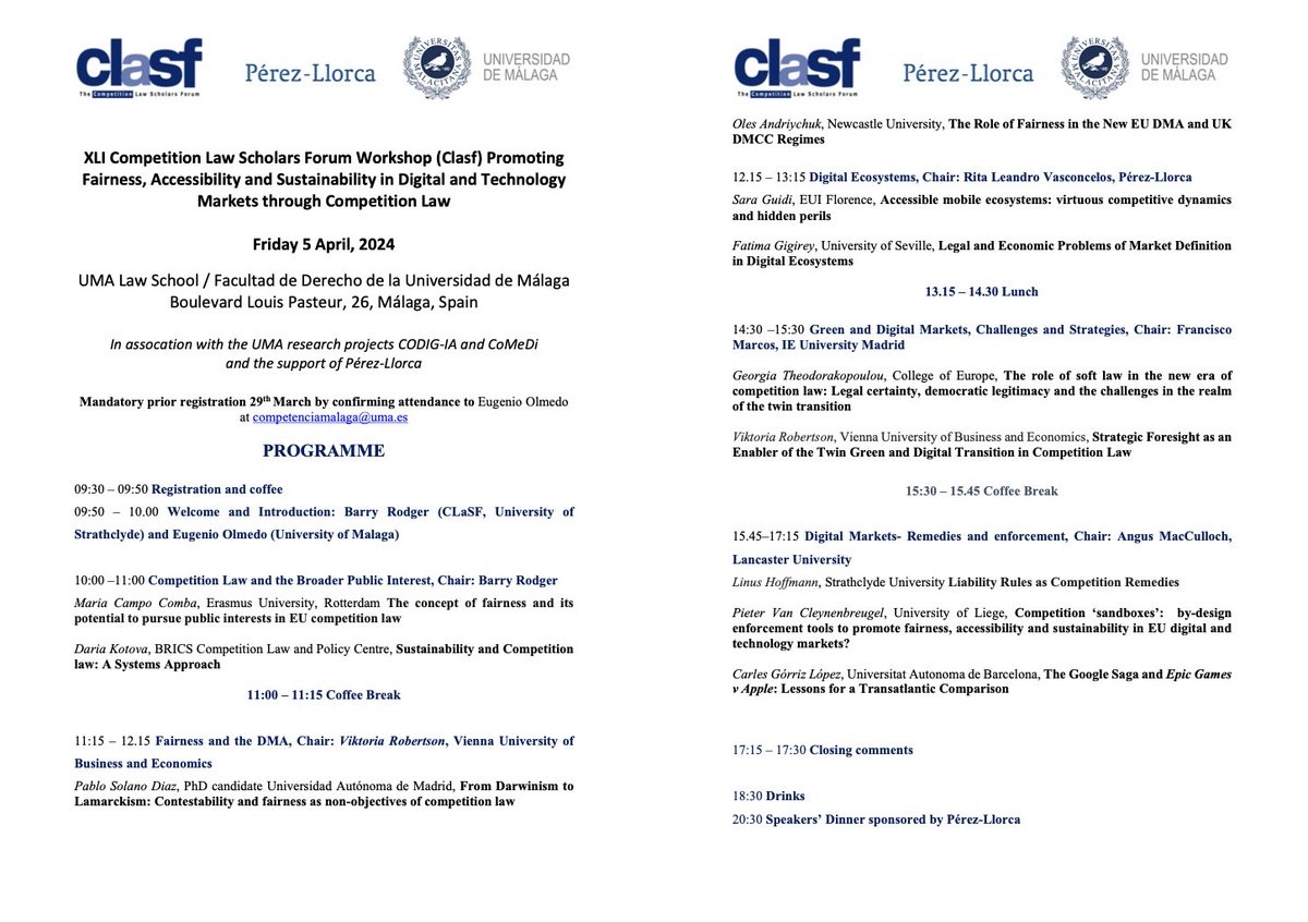 XLI <a href="/CLScholarsForum/">CLASF</a> workshop: "Promoting Fairness, Accessibility and Sustainability in Digital and Technology Markets through Competition Law", Friday 5th April 2024. <a href="/InfoUMA/">Universidad de Málaga</a>.

Prior registration by  29th March: competenciamalaga@uma.es
#antitrust #competition #sustainability