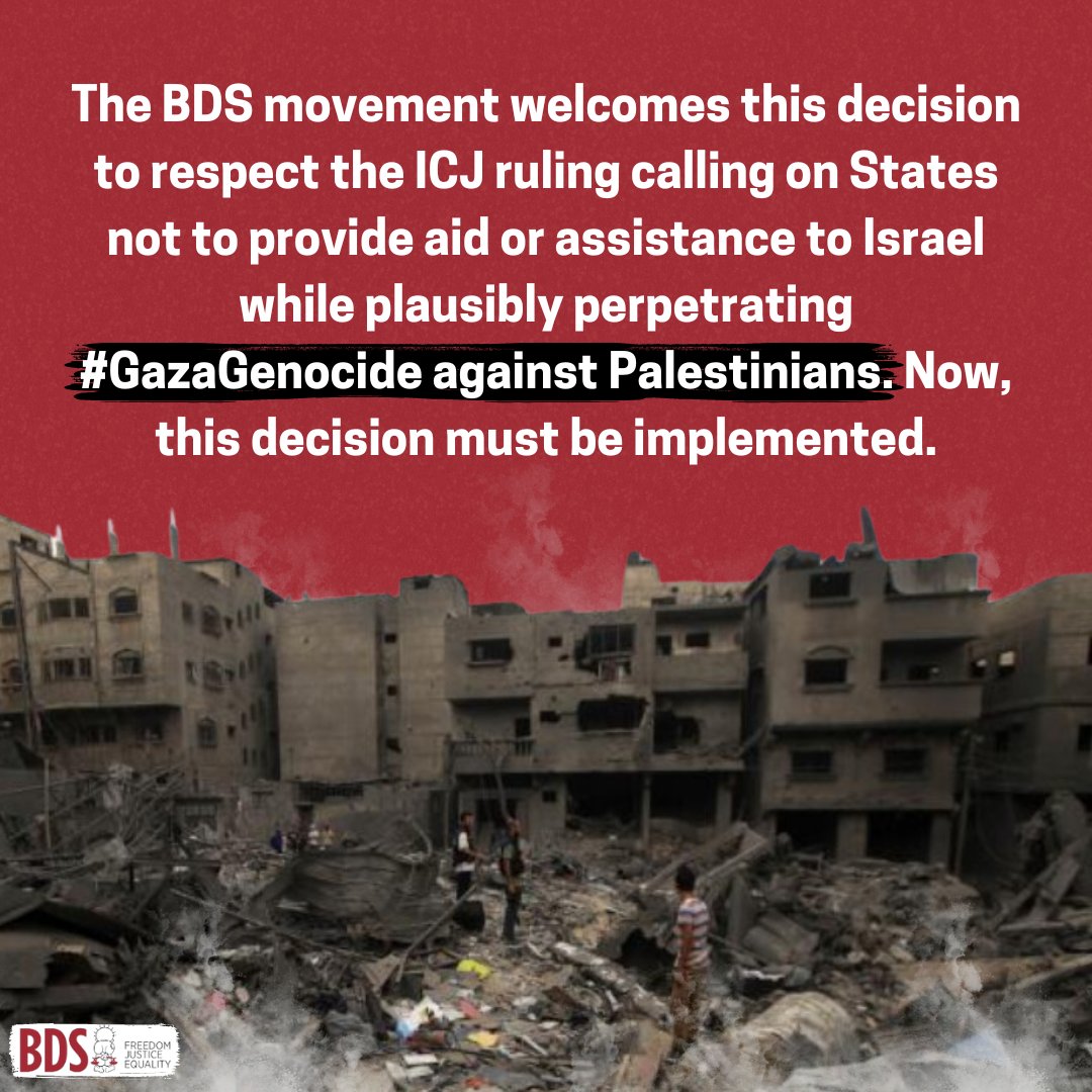 <a href="/PSOE/">PSOE</a> <a href="/sumar/">Sumar</a> The Palestinian #BDS National Committee welcomes this decision to respect the ICJ ruling calling on States not to provide aid or assistance to Israel while plausibly perpetrating #GazaGenocide against Palestinians. Now, this decision must be implemented. 

#MilitaryEmbargo