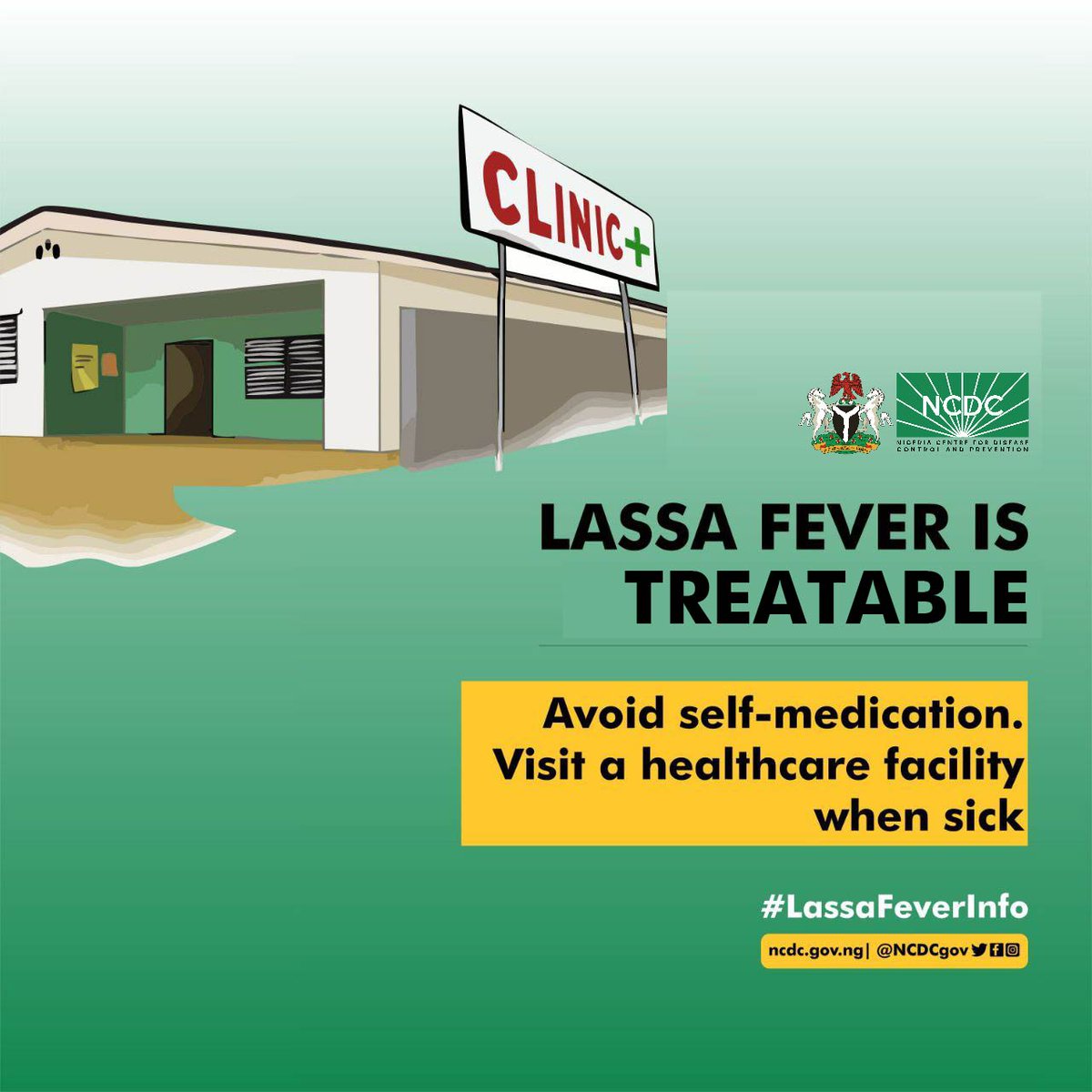 #LassaFever is treatable. Report early to a healthcare facility when experiencing #LassaFever-associated symptoms. Early symptoms include fever, body weakness, sore throat, muscle & chest pain, nausea, vomiting, diarrhoea, cough & abdominal pain.