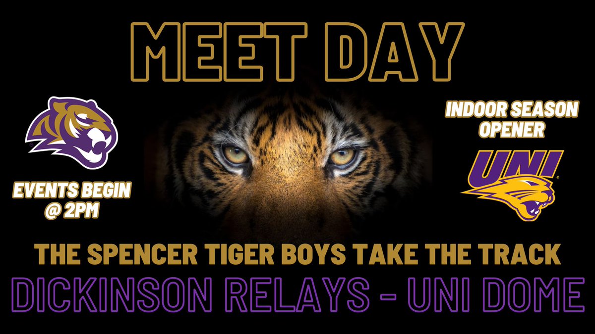 The Spencer Tiger Boys travel to the UNI Dome today to compete in the Dickinson Relays!  

⚡️GO TIGERS⚡️

📍    Cedar Falls, Iowa
⏰  Events Begin @ 2pm
🖥️  Live Results wayzataresults.com/landing/index

<a href="/Spencer_Track/">Spencer Tiger Boys Track & Field</a> #SpencerIowa #SpeedCulture #SpencerTigers #SpencerTrack