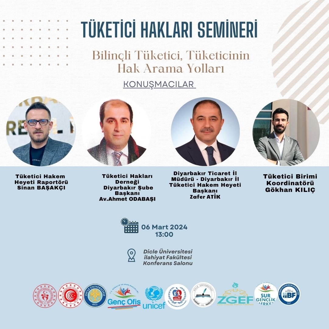KadroluRaportor's tweet photo. Derneğimizin Genel sekreteri Sinan BAŞAKÇI ' nın da konuşmacı olarak yer aldığı Tüketici hakları semineri Dicle üniversitesi ilahiyat fakültesi konferans salonunda gerçekleştirilecektir.
Katılımlarınızı bekliyoruz.
#rapderbilgilendiriyor 
#tüketicihakları https://t.co/EmsgjaC3IM