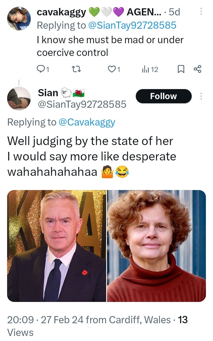 This is who gender critical women have a pop at and make fun of. Huw Edwards wife is, I am sure, not having the best of times. Yet the GC answer is to target how she looks. Disgusting behaviour from women who purport to support women.