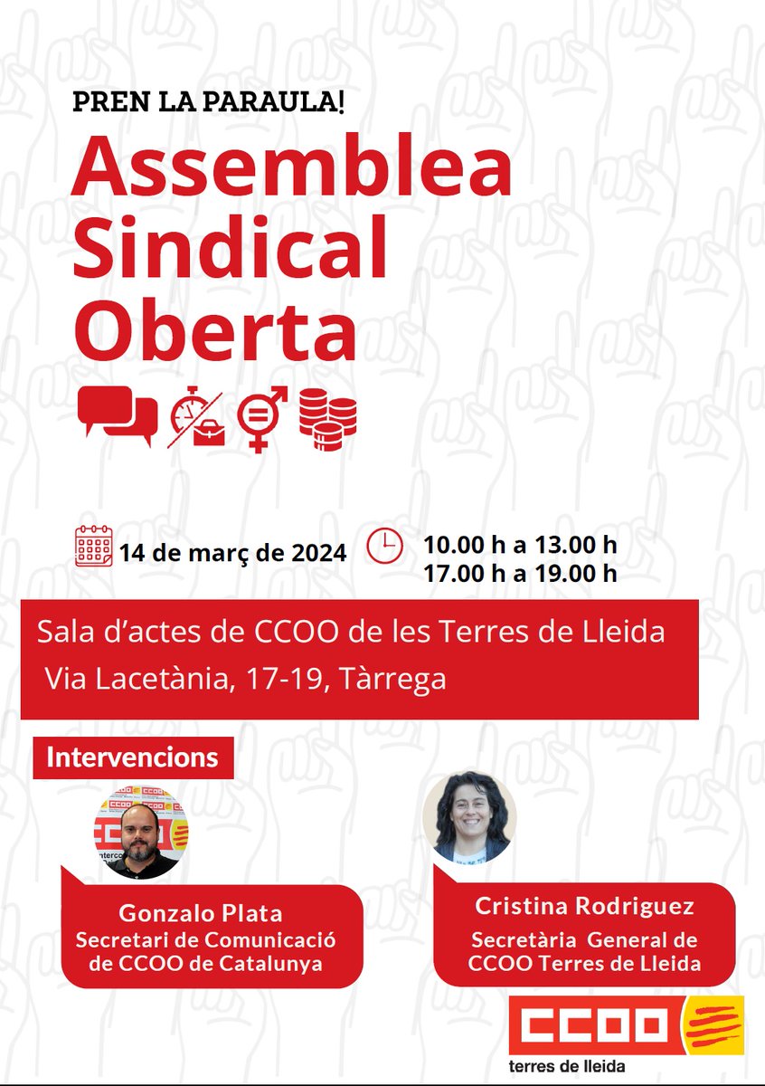 CCOOLleida's tweet photo. 📢 D'avui en vuit!
3a. Assemblea sindical oberta, a Lleida i Tàrrega
Us hi esperem!

✔️Lleida
🗓️11/03
⏰10 h i 17 h 
🪑 sala d’actes del sindicat (c. d’Enric Granados, 5)

✔️Tàrrega
🗓️ 14/03
⏰10 h i 17 h 
🪑 sala del sindicat (Via Lacetània, 17-19 5)
https://t.co/RUya3VqPgx https://t.co/fRGxWc2ghB
