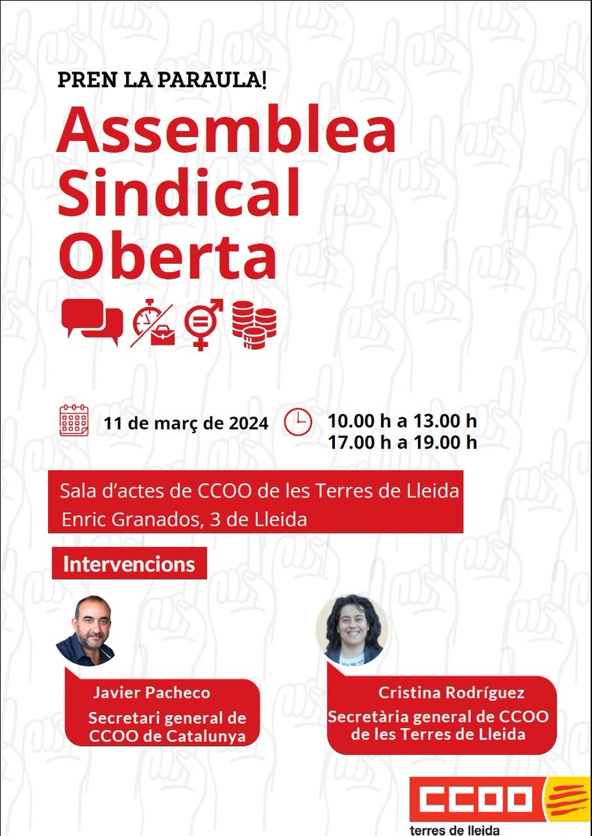 CCOOLleida's tweet photo. 📢 D'avui en vuit!
3a. Assemblea sindical oberta, a Lleida i Tàrrega
Us hi esperem!

✔️Lleida
🗓️11/03
⏰10 h i 17 h 
🪑 sala d’actes del sindicat (c. d’Enric Granados, 5)

✔️Tàrrega
🗓️ 14/03
⏰10 h i 17 h 
🪑 sala del sindicat (Via Lacetània, 17-19 5)
https://t.co/RUya3VqPgx https://t.co/fRGxWc2ghB