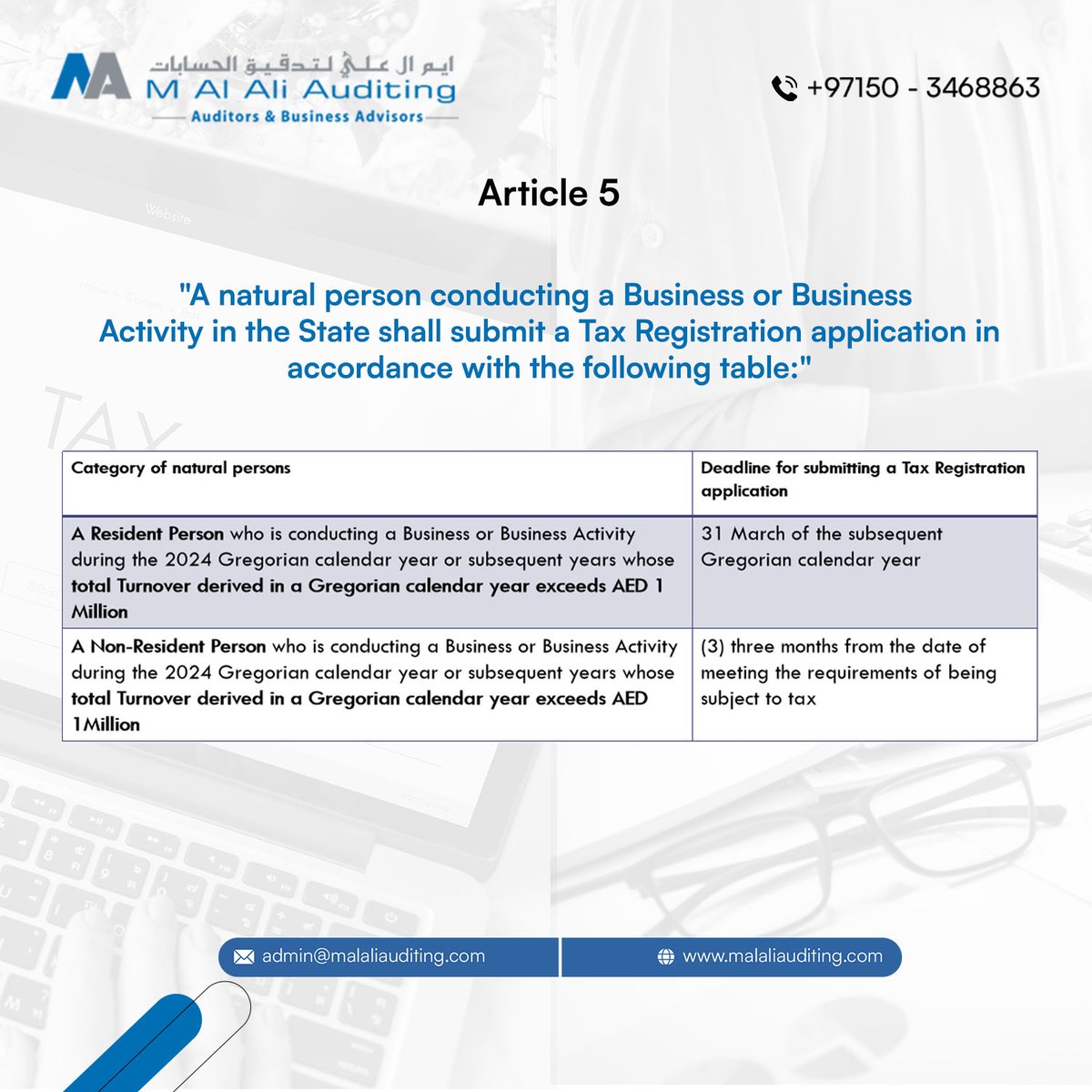 M_Al_Ali_Audit's tweet photo. 📢 Attention all taxable entities in the UAE! 🇦🇪
📅 FTA Decision No. 3 of 2024 has set the timeline for registration of taxable persons for Corporate Tax (CT). 
Got questions or need assistance? Don't hesitate to get in touch with us!
#UAEtax #corporatetax #uaecorporatetax https://t.co/xinHmhHGbB