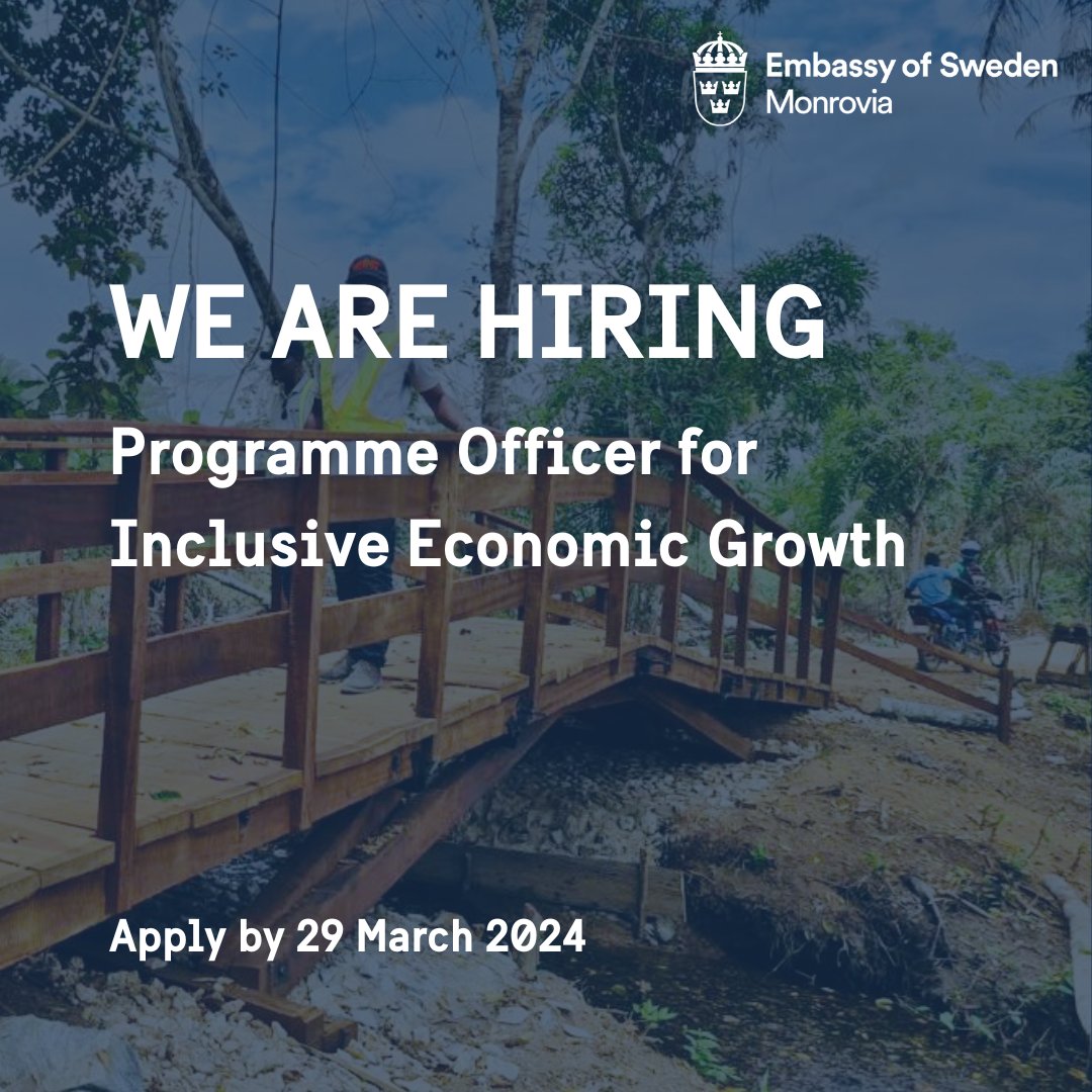 Vacancy Announcement: The Embassy of Sweden in Monrovia is now seeking to recruit a highly motivated and experienced Programme Officer (PO) for Inclusive Economic Growth. 💡 Read more and apply here: swedenabroad.se/en/embassies/l…