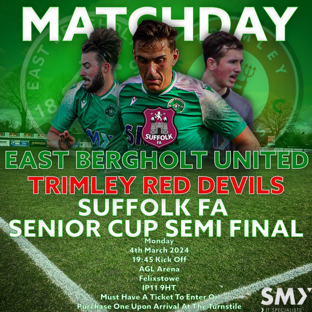 East Bergholt United (@ebufc1) on Twitter photo MATCHDAY
VS <a href="/TrimRedDevils/">Trimley Red Devils F.C.</a>
<a href="/SuffolkFA/">Suffolk Football Association</a> Senior Cup Semi Final
Venue:
<a href="/Felixseasiders/">Felixstowe & Walton Utd FC</a>, AGL Arena, Felixstowe, IP11 9HT
Gates Open At 6:30pm
Kick Off At 7:45pm
#GreenArmy
Sponsored By <a href="/smyitservices/">Smy IT Services</a> MATCHDAY
VS <a href="/TrimRedDevils/">Trimley Red Devils F.C.</a>
<a href="/SuffolkFA/">Suffolk Football Association</a> Senior Cup Semi Final
Venue:
<a href="/Felixseasiders/">Felixstowe & Walton Utd FC</a>, AGL Arena, Felixstowe, IP11 9HT
Gates Open At 6:30pm
Kick Off At 7:45pm
#GreenArmy
Sponsored By <a href="/smyitservices/">Smy IT Services</a>