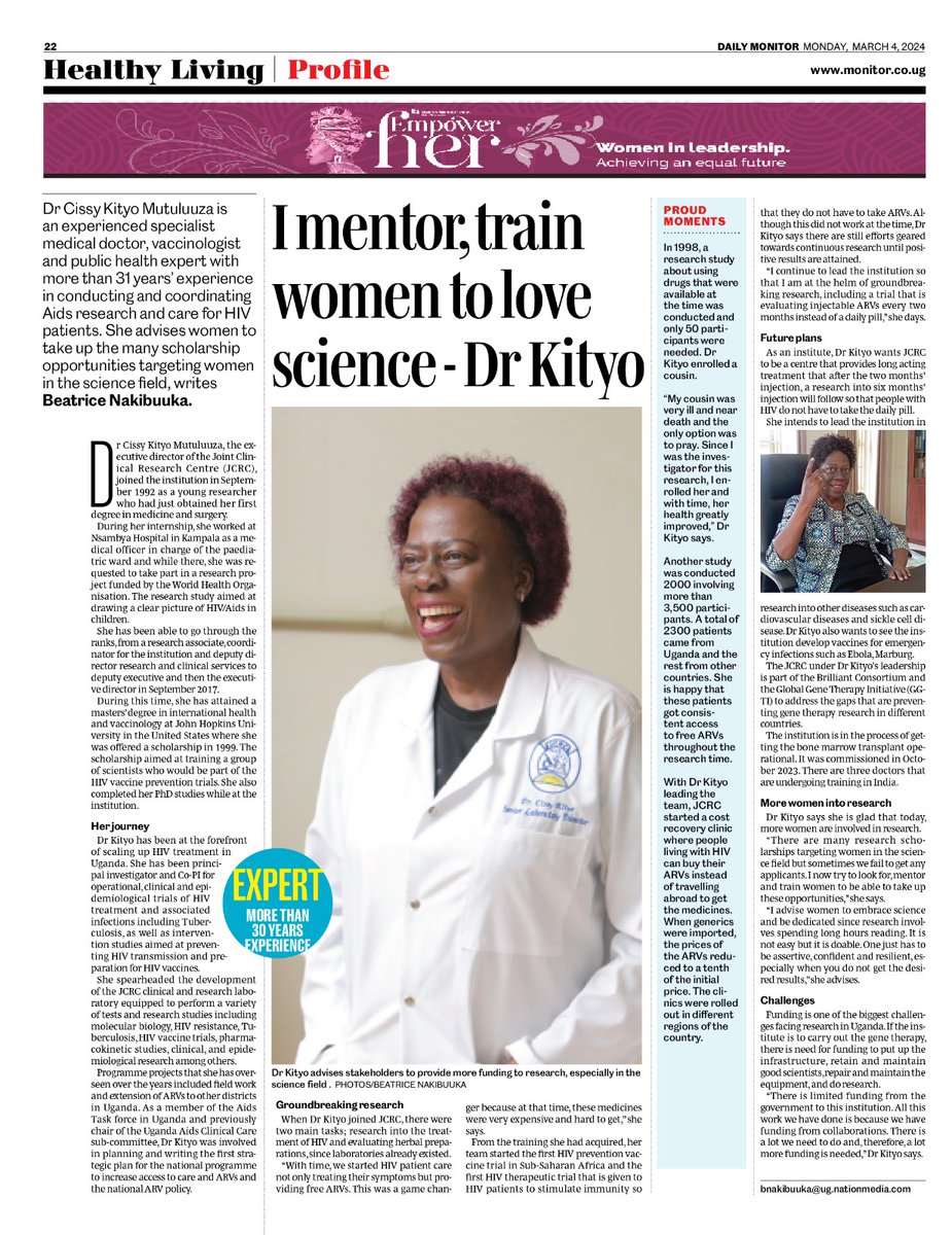 She coaches and cultivates a love of science in women. Dr. Cissy Kityo Mutuluuza, our Executive Director, is that person. Grab a copy of the @DailyMonitor right now to discover some of her accomplishments throughout the years. #WomenInPower #JCRCWomen's Day