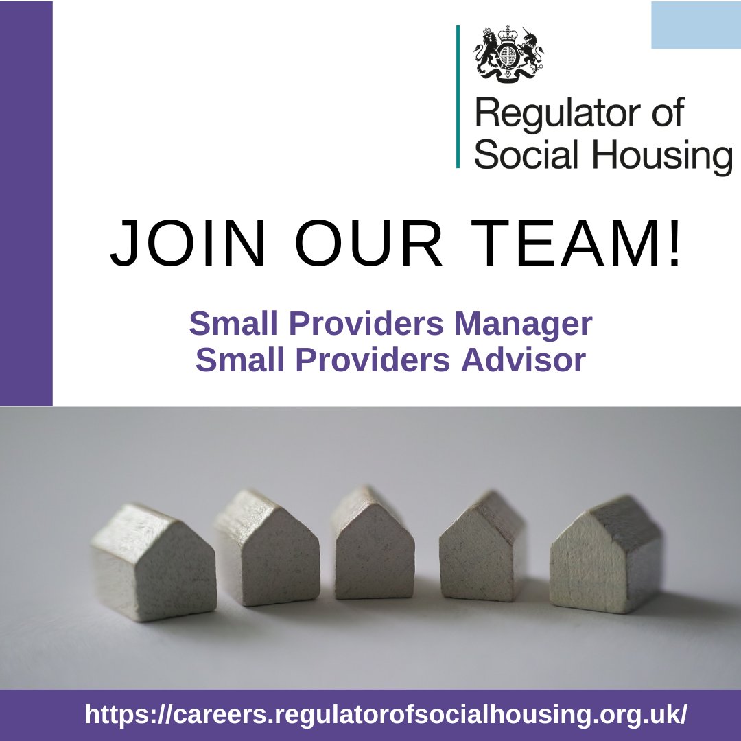 We're looking for a Small Providers Manager and Small Providers Advisor to join our team. If you have relevant social housing and/or regulatory environment experience, you can apply here: …reers.regulatorofsocialhousing.org.uk/vacancies #vacancies #recruitment #jobs #jobsearch