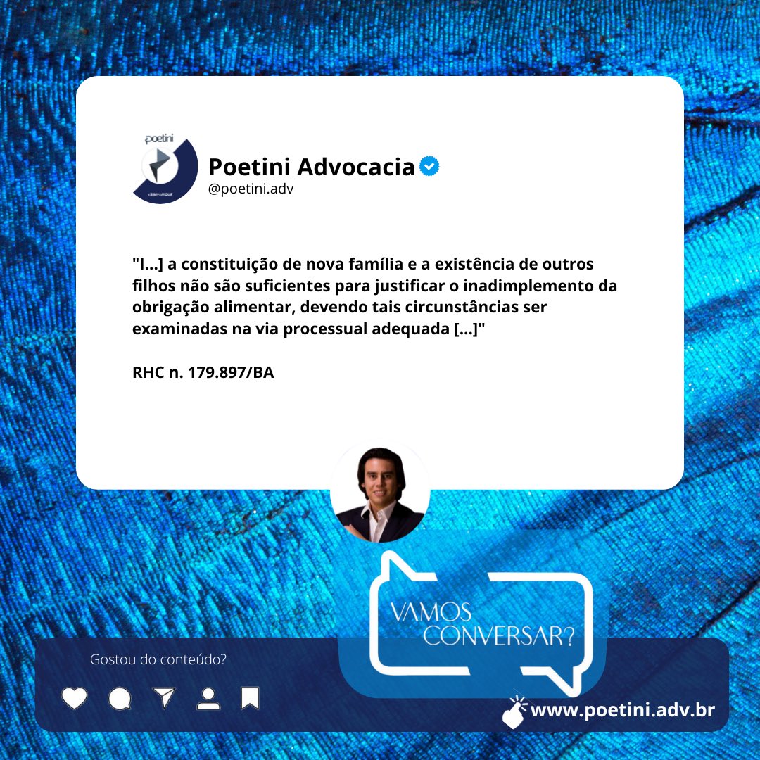 #𝗦𝗜𝗠PLI𝙁𝙄𝙌𝙐𝙀 A constituição de nova família, ou o nascimento de novos filhos, por si só, não implica a revisão de alimentos devidos aos filhos anteriores.

#VamosJuntos #DireitoDeFamilia #DecisãoSTJ