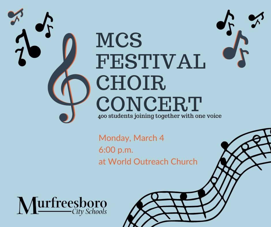 It’s tonight! The MCS Music Festival performance will take place at 6:00 p.m. at World Outreach Church. Parents are encouraged to arrive by 5:30 p.m. to ensure ample time for seating. #musicinourschoolsmonth