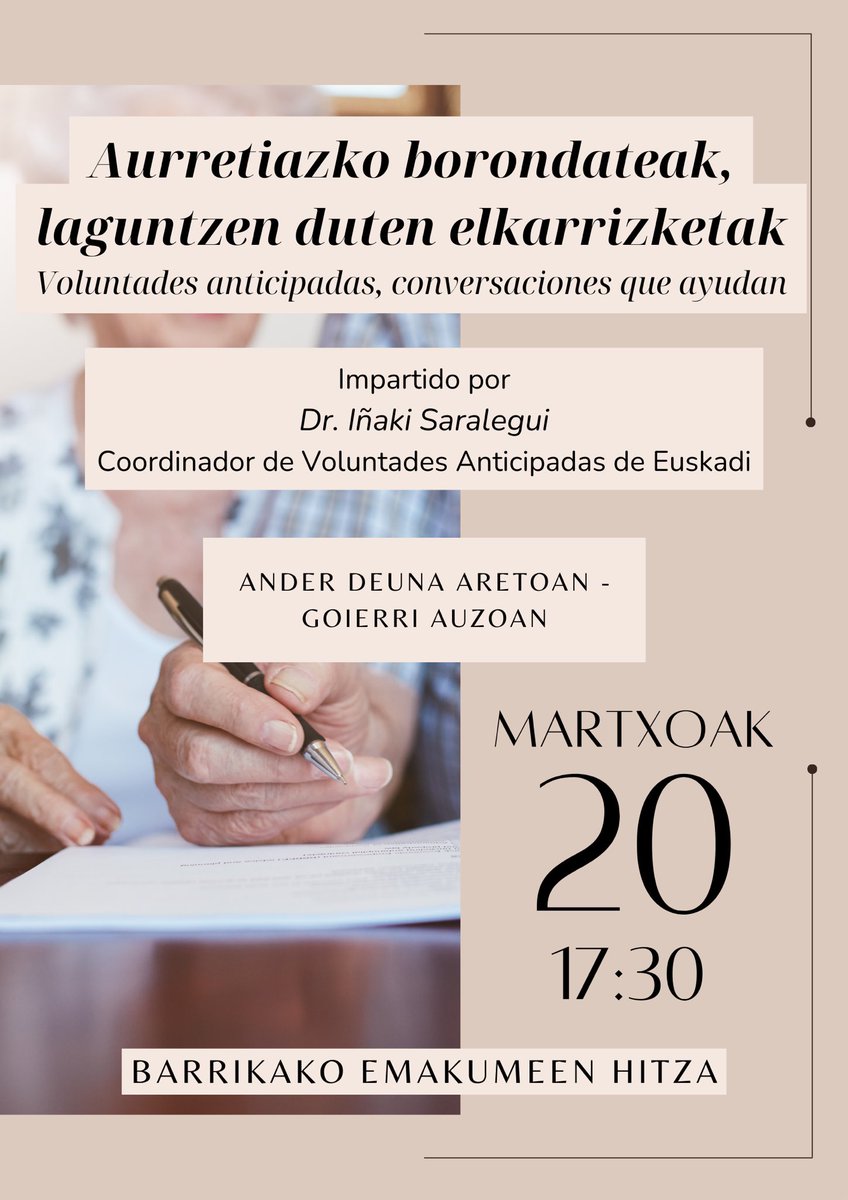 Explicaremos el 20 de marzo en Barrika la importancia de hablar de nuestras preferencias para vivir bien y morir bien <a href="/babespean/">@Babespean</a> <a href="/AEPCA4/">@AEPCA</a>