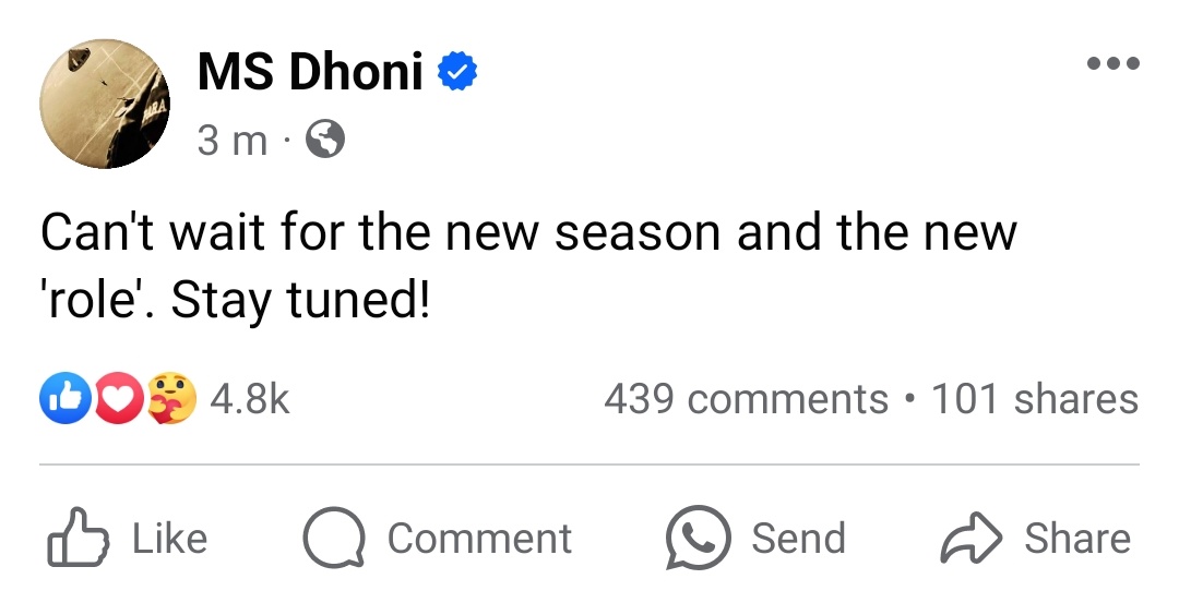 MS Dhoni's Facebook post. 

- The lion is ready to roar....!!! 🦁