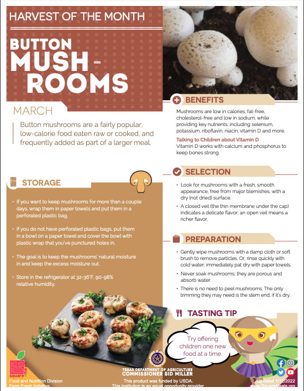 CafeSISD's tweet photo. Our "Harvest of the Month" for March is button mushrooms. Students will offered baked mushrooms to try on March 22nd. #ChildNutrition #ServeNourishEnrich #1TRIBE #SISD #HOTM https://t.co/TDwcX4PVWs