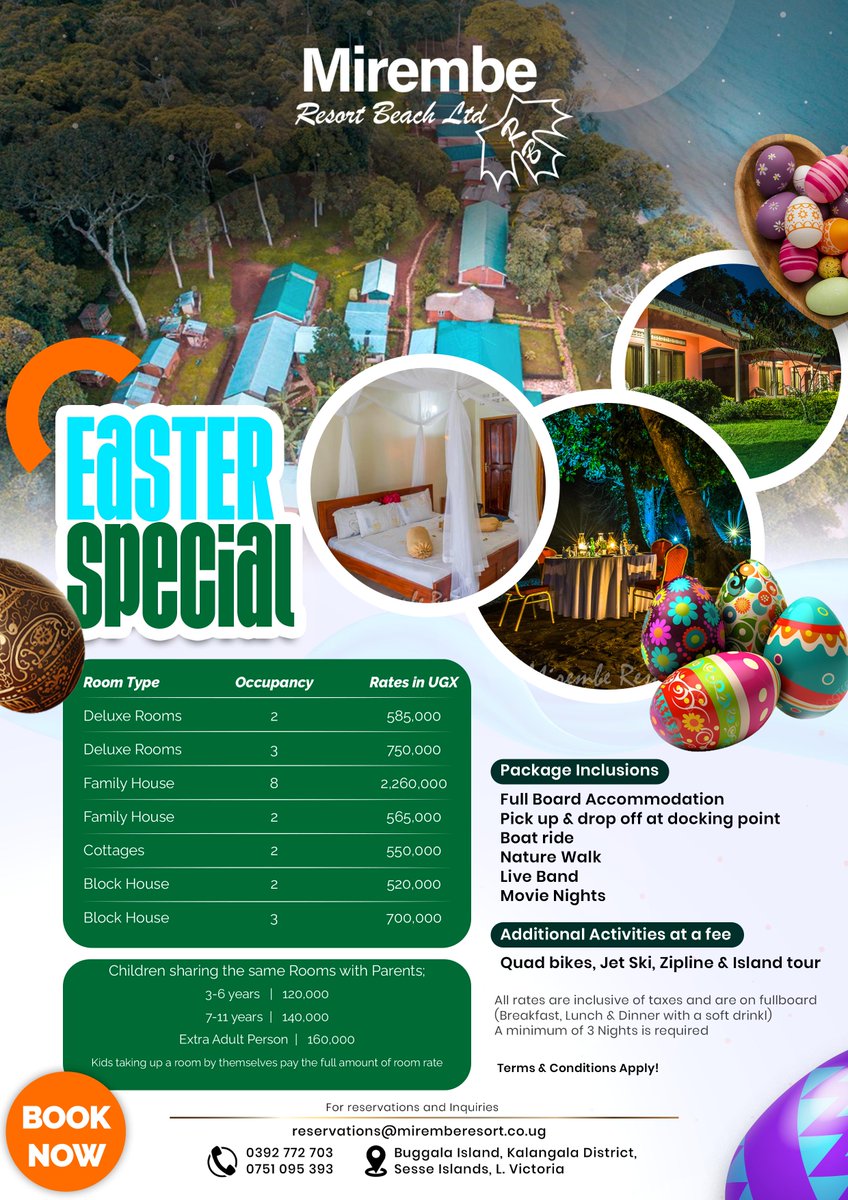 Let us pamper you & your loved ones this #EasterHoliday! Book now to avail the special #Easter2024 offer with full board stay-cation & personal butler service. 

To know more drop us a mail at reservation@miremberesort.co.ug

#Kalangala #WeekendinIslands #islandslife #weekending