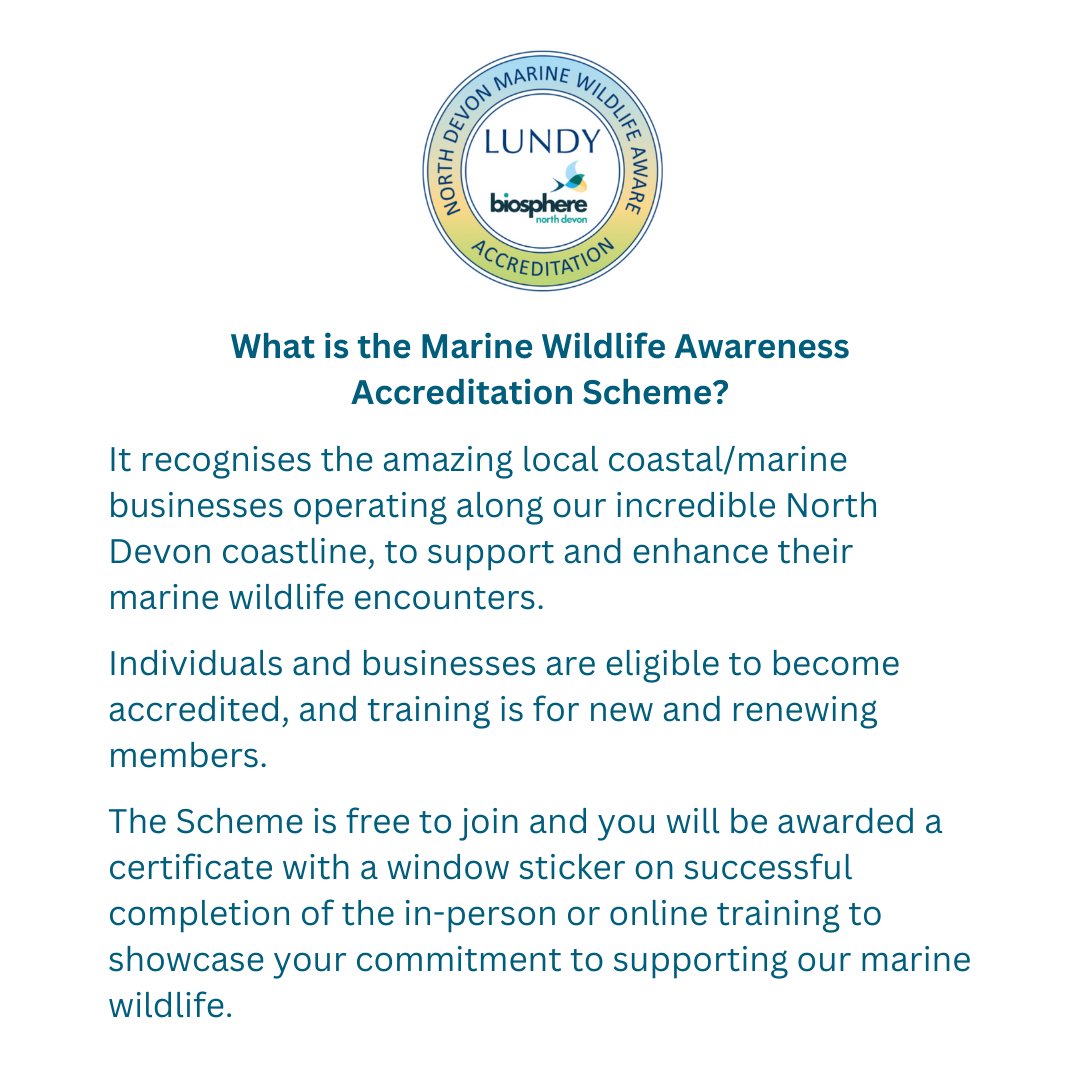 🐬 Join us next week for our 'Marine Wildlife Awareness Accreditation Scheme' training sessions!
💙 You can find the registration links in the comments below, or on our webpage: northdevonbiosphere.org.uk/accreditation-…

#NDevonCoast #MarineWildlifeTourism #NDMWAAS #EcoTourism #SustainableBusiness