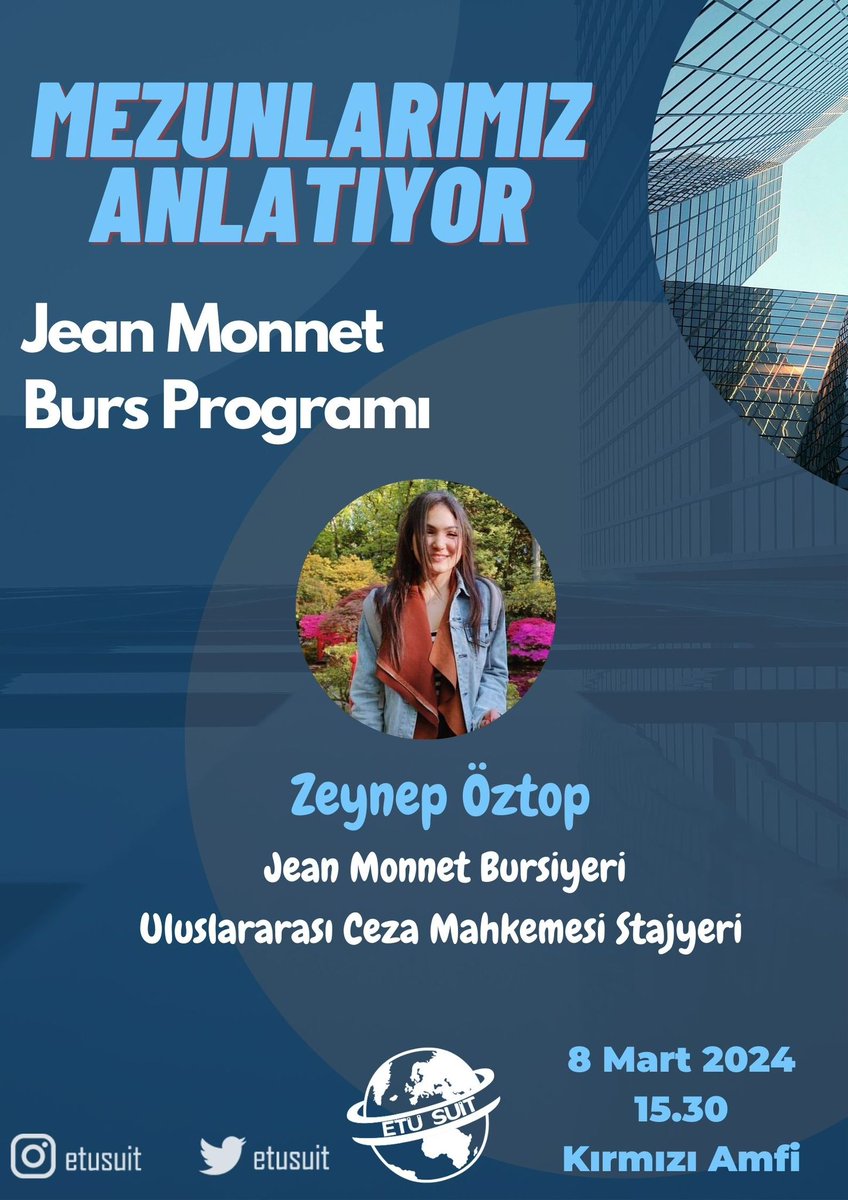 8 Mart Cuma günü, saat 15.30’da Kırmızı Amfi’de gerçekleştirilecek olan “Mezunlarımız Anlatıyor” adlı etkinliğimizde Zeynep Öztop 
Jean Monnet Burs Programı ve kariyer yolculuğu hakkında deneyimlerini,bilgilerini paylaşmak üzere bizlerle olacaktır.