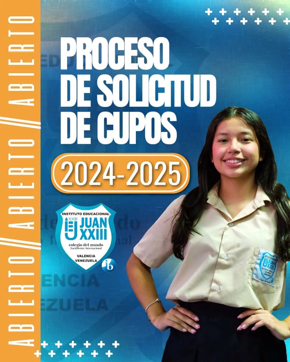 Nos complace anunciar que se encuentra abierto el proceso de solicitud de cupos para el período académico 2024-2025.

Los interesados ​​deben completar y enviar el formulario que se encuentra en juanxxiii.e12.ve/home/archivos/… 

#SomosJuanXXIII