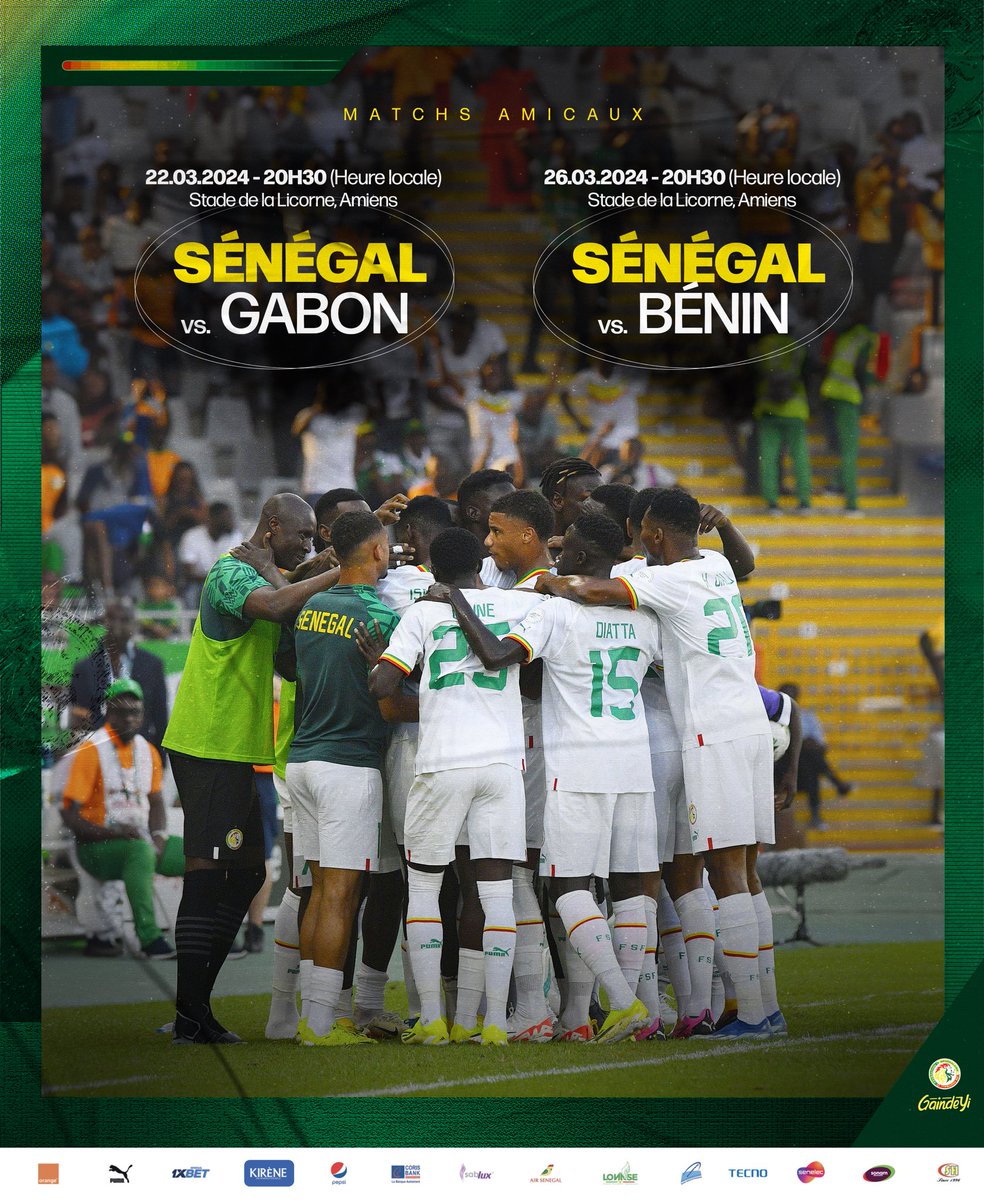 Le Sénégal jouera deux matchs amicaux en ce mois de Mars 2024 au Stade de la Licorne, à Amiens, en France : le 22 mars contre le Gabon et le 26 mars contre le Benin. #FriendlyGame