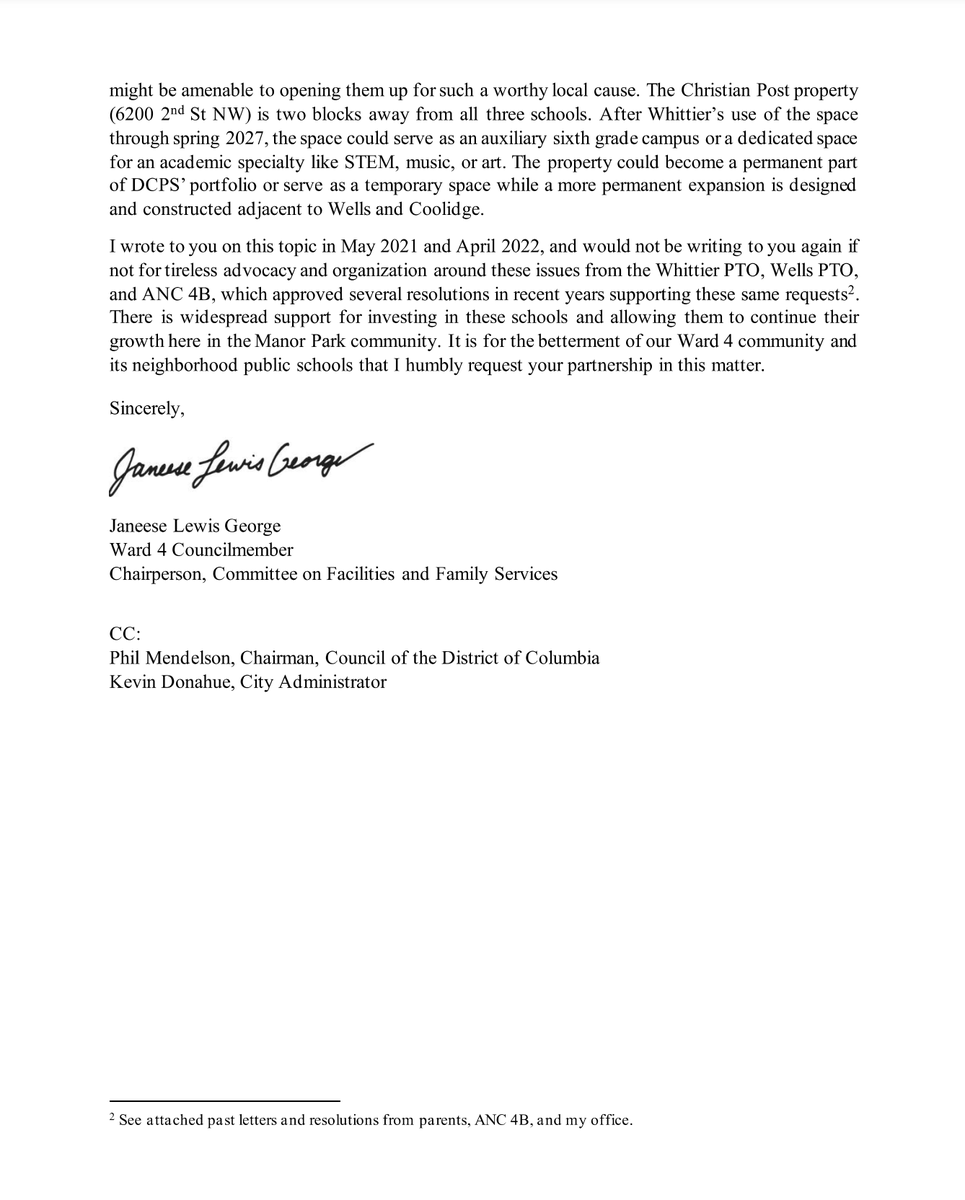 CM Janeese Lewis George (@cmlewisgeorgew4) on Twitter photo I'm calling on DCPS to secure a nearby swing space for <a href="/WhittierECSTEM/">WhittierES STEM</a> and relieve overcrowding at <a href="/IdaBWellsMS/">Ida B. Wells Middle School</a> and <a href="/dccoolidgeshs/">Coolidge SHS DCPS</a>.
And I'm offering solutions that do right by our schools.
Whittier, Wells and Coolidge are great neighborhood schools and deserve our full support. I'm calling on DCPS to secure a nearby swing space for <a href="/WhittierECSTEM/">WhittierES STEM</a> and relieve overcrowding at <a href="/IdaBWellsMS/">Ida B. Wells Middle School</a> and <a href="/dccoolidgeshs/">Coolidge SHS DCPS</a>.
And I'm offering solutions that do right by our schools.
Whittier, Wells and Coolidge are great neighborhood schools and deserve our full support.