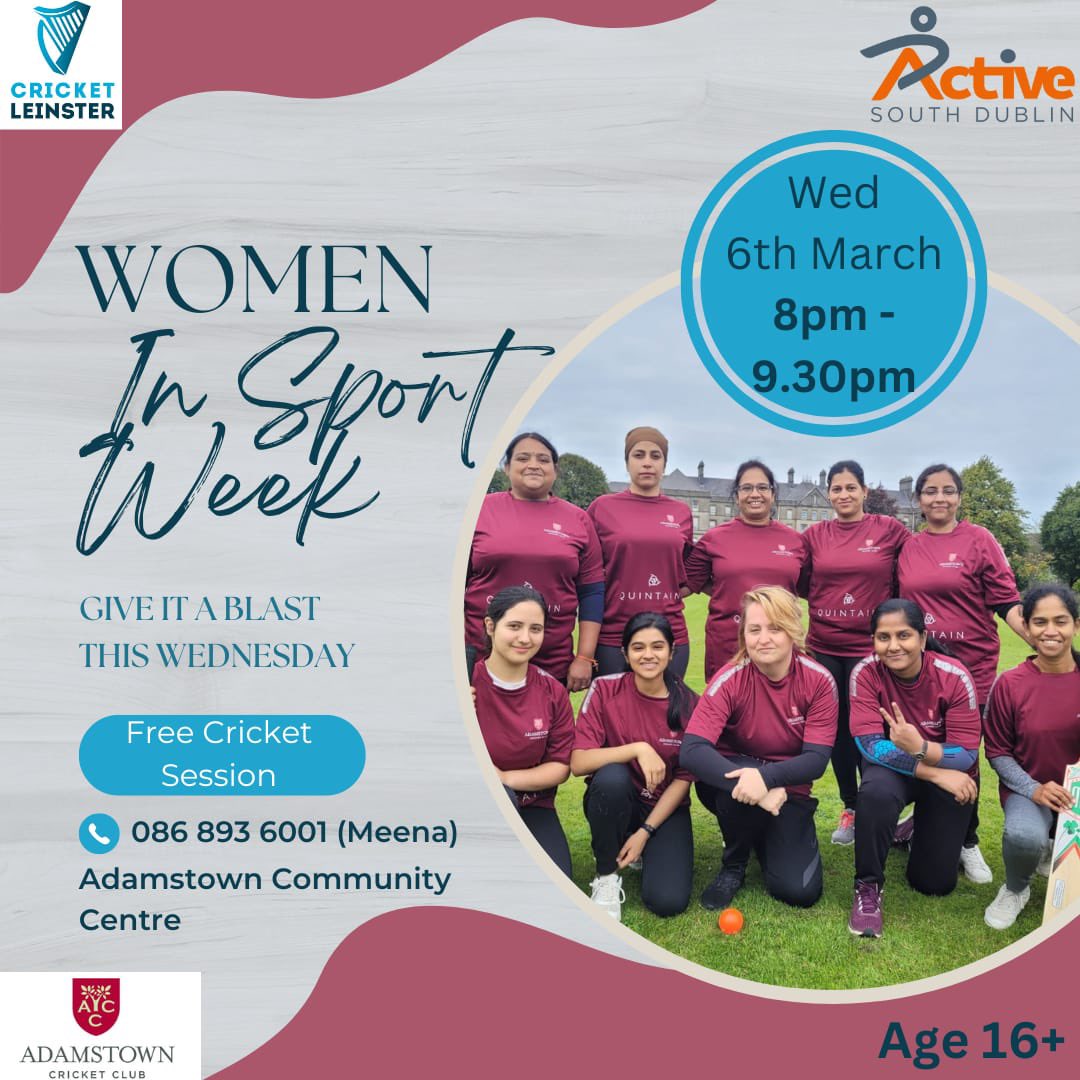 This Wednesday for #womeninsport week we are holding a Give It A Blast event at Adamstown Community Centre. All welcome from aged 16 and up, beginners and experienced players. #womeninsportIRE #WIS #ActiveSouthDublin #CricketLeinster #adamstown #AdamstownCricketClub