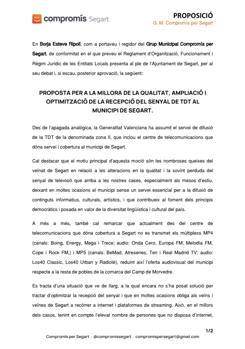 Compromissegart's tweet image. 📺📡 Instar a @GVADgtic i a l’@GVAIstec a l’adopció de les mesures oportunes per millorar la qualitat i garantir el senyal de TDT al municipi de Segart, així com ampliar els canals de difusió incoent els múltiplex MP4 i MP5. 

#CompromísperSegart #Segart