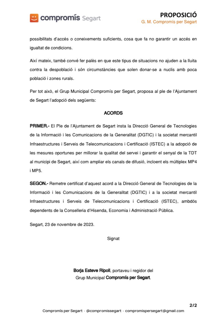 Compromissegart's tweet image. 📺📡 Instar a @GVADgtic i a l’@GVAIstec a l’adopció de les mesures oportunes per millorar la qualitat i garantir el senyal de TDT al municipi de Segart, així com ampliar els canals de difusió incoent els múltiplex MP4 i MP5. 

#CompromísperSegart #Segart