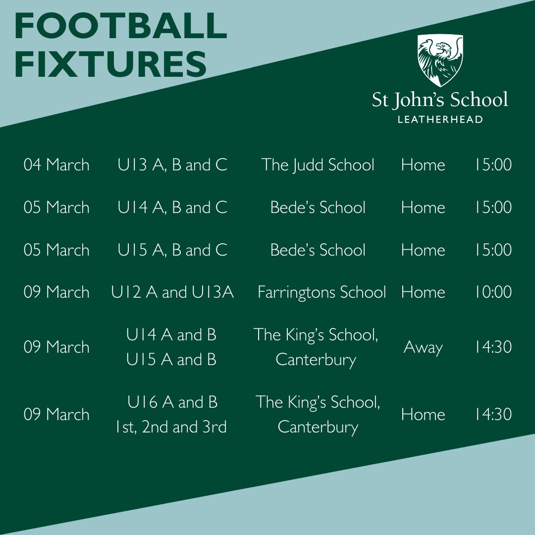 Fixture programme ready throughout the week here at St John’s School, starting this afternoon against @thejuddschool ✅ We look forward to welcoming you and best of luck to all teams ahead of a busy week ⚽️💚 @stjohnssport