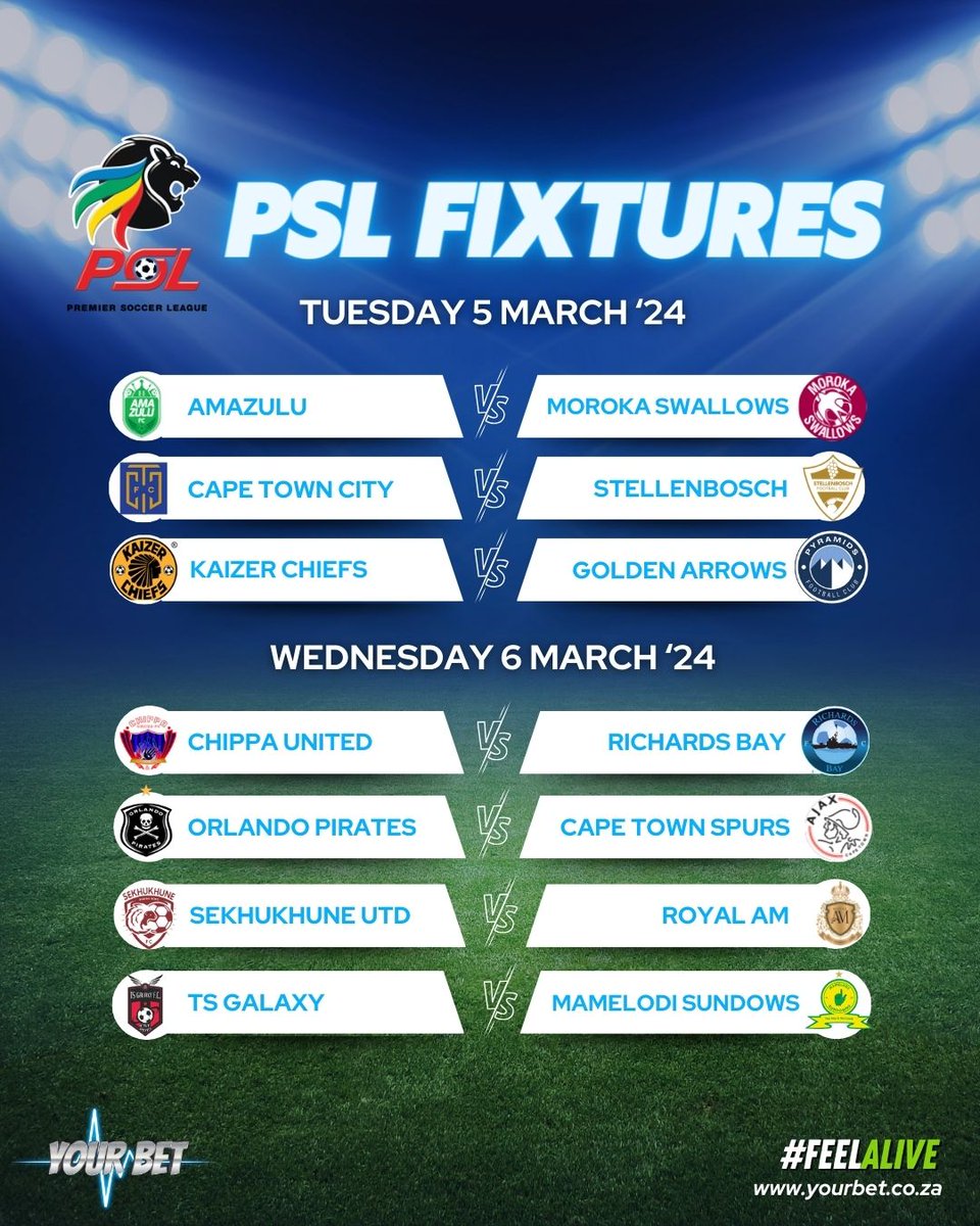 ⚽️ PSL: DStv Premiership: Matchday Fixtures! ⚽️

Here's a look at the upcoming fixtures for the DStv Premiership👇⚽💥

Which matches are you most excited about?💸⚽

#DStvPrem #SouthAfricanFootball #Matchday #PSL #PremierSoccerLeague #KaizerChiefs #OrlandoPirates #Amazulu