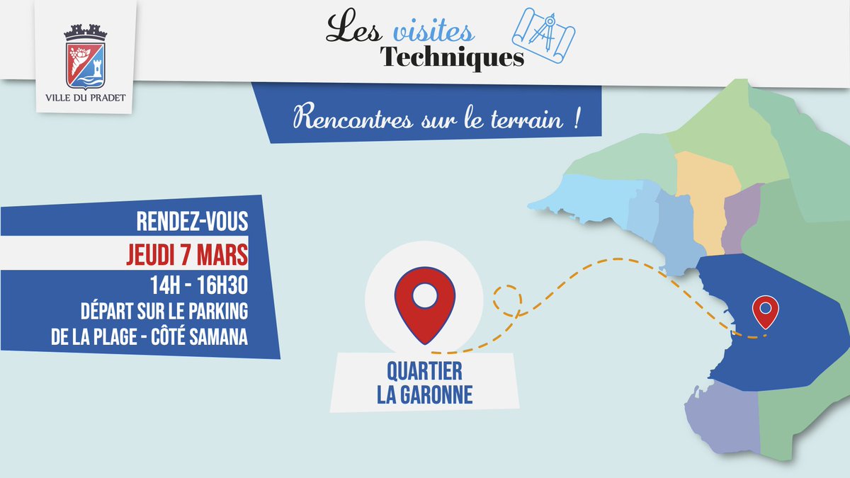 📷La visite technique du quartier de La Garonne aura lieu jeudi 07 mars à 14h.
Rendez-vous sur le parking de la plage (côté restaurant Le Samana).