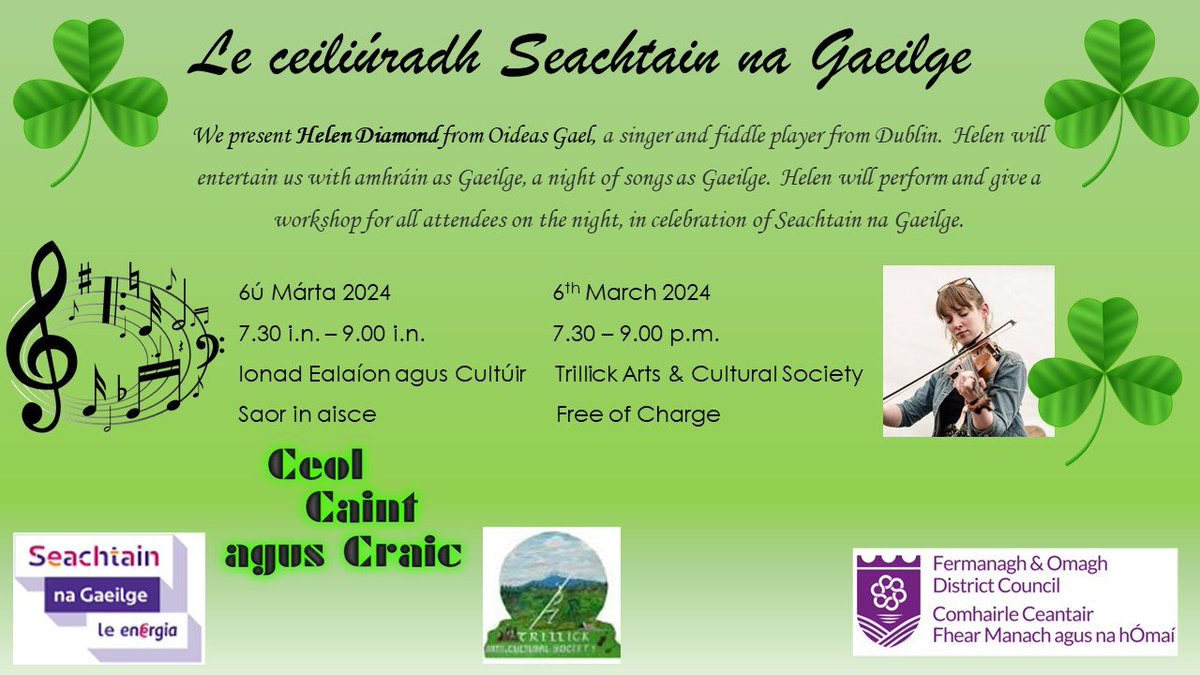 Beidh Helen s'againn ag tabhairt ceardlann amhránaíochta i dTrileac, Co. Thír Eoghain, Dé Céadaoin bheag seo. A #SnaG24 singing workshop with Helen Diamond from Oideas Gael will take place at the Trillick Arts & Cultural Society this Wednesday. Fáilte roimh chách!