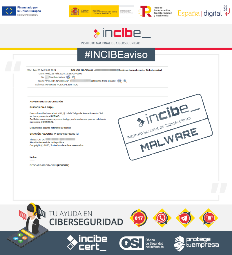 osiseguridad's tweet photo. ⚠#INCIBEaviso | Se ha detectado un correo electrónico fraudulento que se hace pasar por la @policia alegando una citación judicial. Es una campaña de #phishing destinado a infectar dispositivos con #malware #NextGenerationEU #AvisosDeSeguridad 

https://t.co/rBFZOfTtD7 https://t.co/g7I7vf5faT