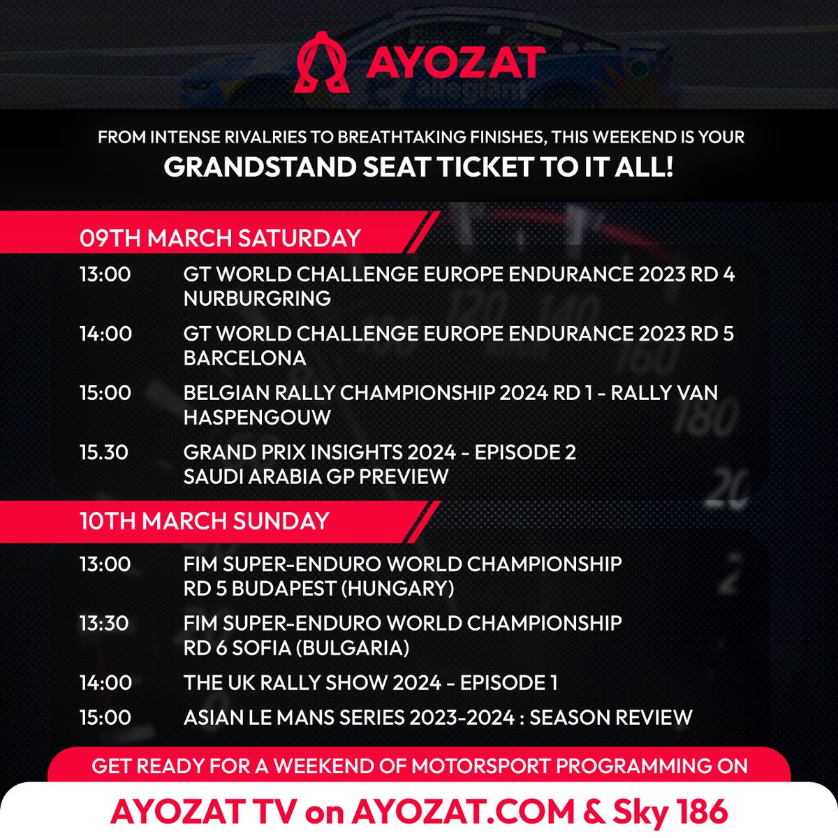Ready, set, weekend! Join us on AYOZAT TV at ayozat.com and Sky 186 from 1 PM on Saturdays and Sundays for a motorsport spectacle. From roaring engines to gripping races, it's a non-stop adrenaline rush!
#motorsport #cars #racing #action #weekendracing