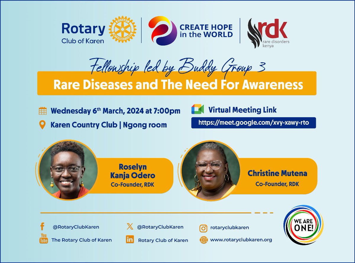 Come, listen & learn from our co-founders @rokanja and @cmutena as they discuss why #RareDiseases in 🇰🇪 should be de-stigmatized and people living with rare diseases be included wholly into the society. Meeting Link: meet.google.com/xvy-xawy-rto More details on poster #RareDiseaseKE