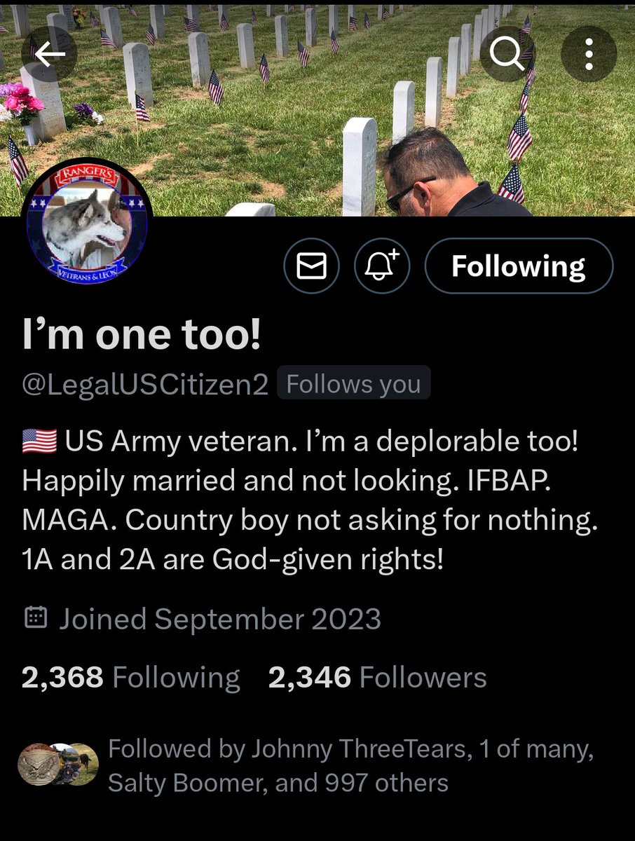 Hey 🇺🇸 America we need your help to push this Army Veteran to 2500 followers. This awesome 🇺🇸 American Patriot and Veteran is a great Husband and an Conservative. I'm one too! @LegalUSCitizen2 needs our help as 🇺🇸 American Patriot's to get him to 2500 followers by Tuesday.…